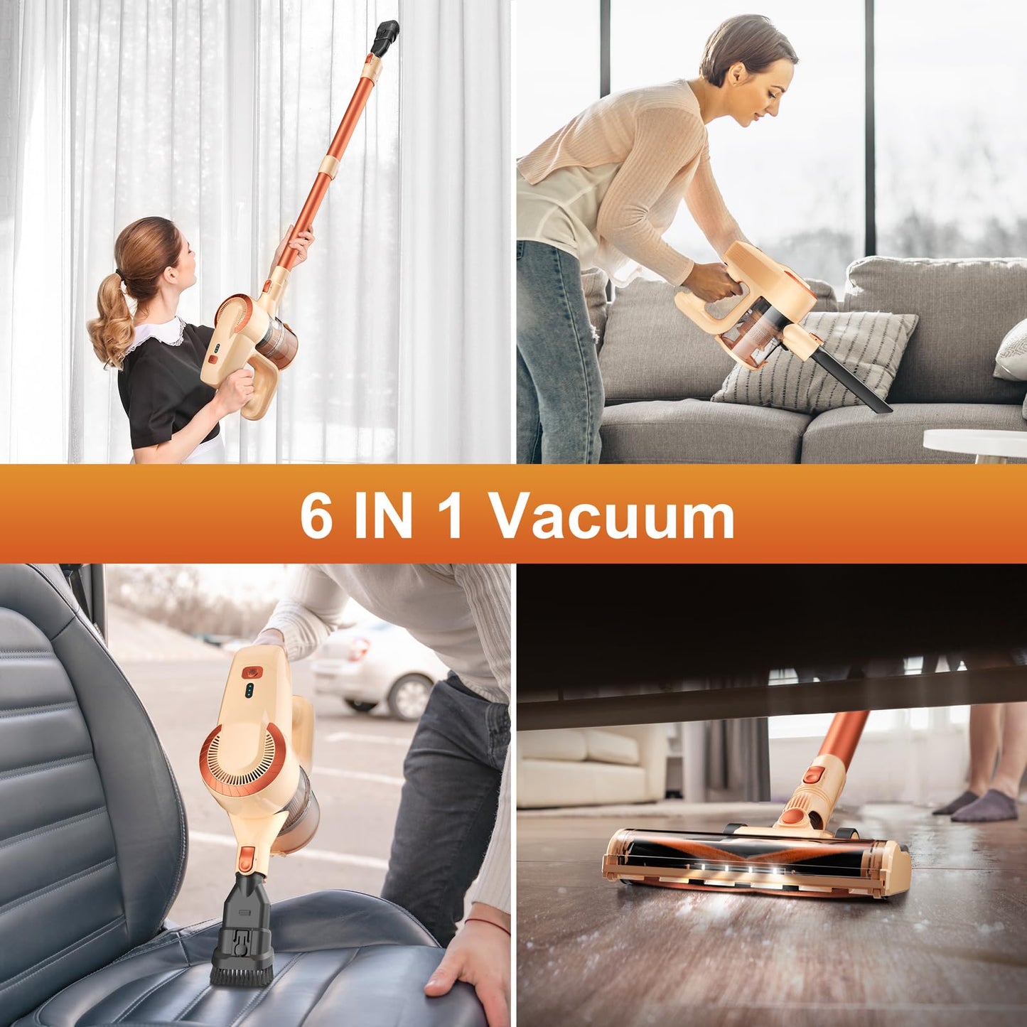 DEVOAC Cordless Vacuum Cleaner, Ultra-Lightweight Stick Vacuum, 2200mAh Battery Up to 40mins Runtime, 6 in 1 Powerful Handheld Vacuum for Home Hard Floor Carpet Pet Hair (Sunset)