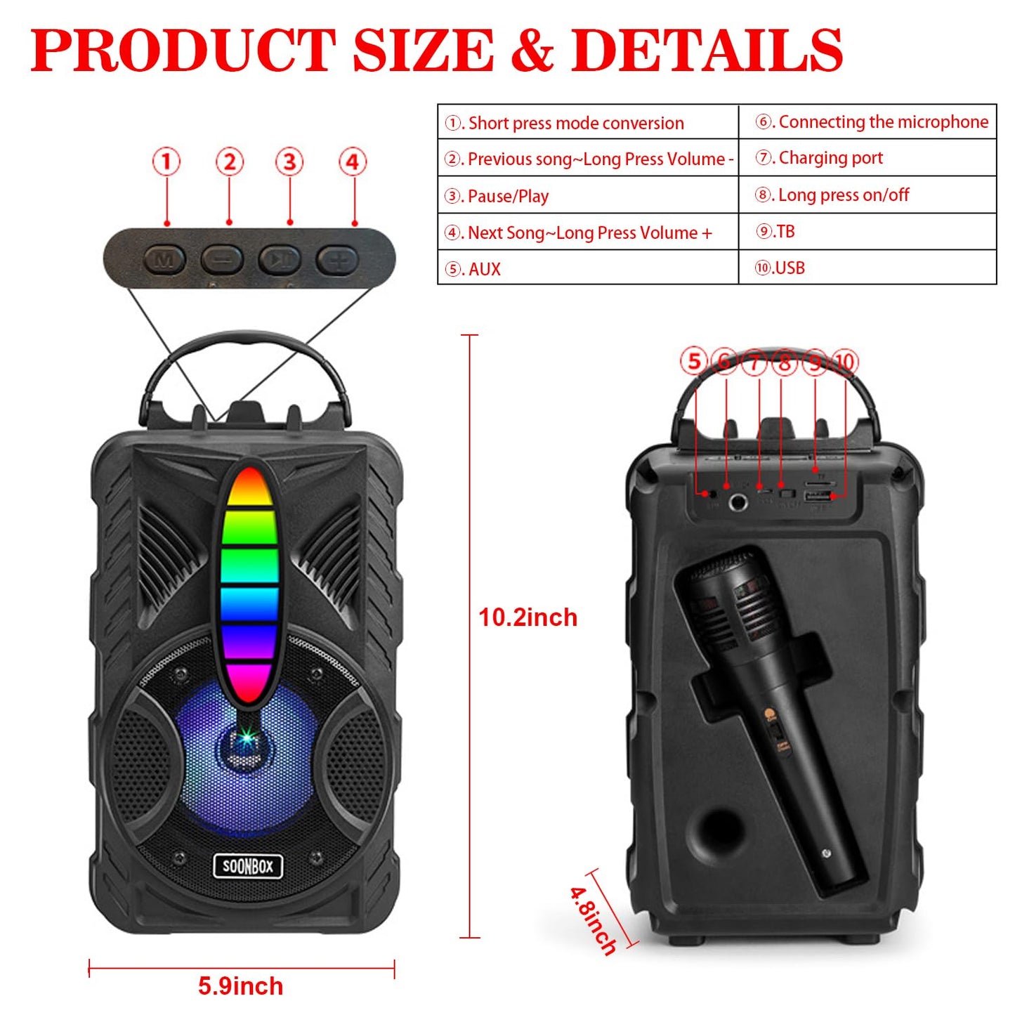 Wireless Speaker, IPX5 Waterproof Speaker with HD Sound, RGB Multi-Colors Rhythm Lights, Up to 8H Playtime, TWS Pairing, Portable Wireless Speakers for Home, Outdoor,(Comes with a Microphone) 6241