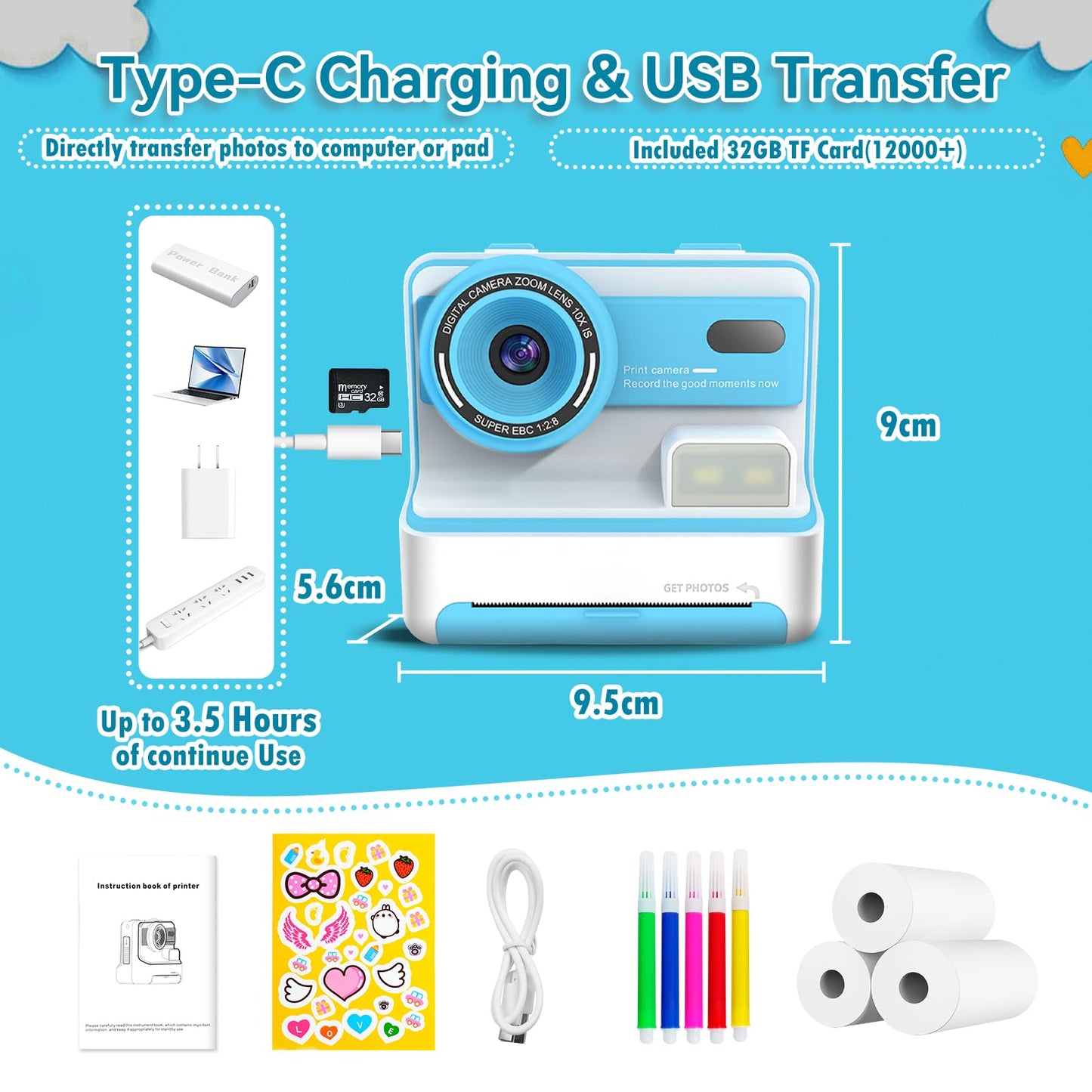 Instant Print Camera for Kids with Accessories