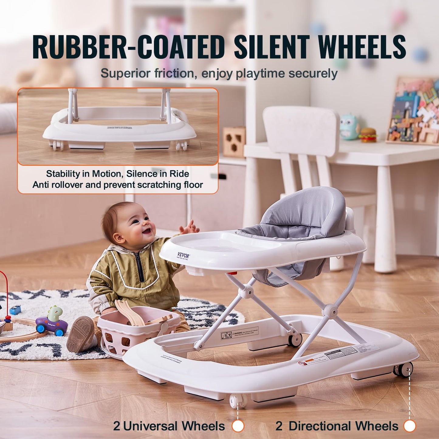 VEVOR Baby Walker, Foldable Baby Walkers with Large Feeding Tray, 3-Level Height Adjustable Toddler Infant Walker on Wheels, Anti-Rollover Activity Walker Helper for Boy Girl 6-12 Months