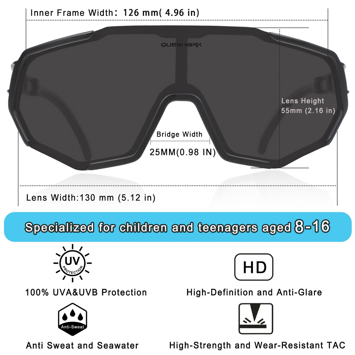Queshark Kids Sunglasses Polarized, Youth Baseball Sunglasses for 8-16 Boys Girls, Kids Sport Glasses for Cycling Baseball
