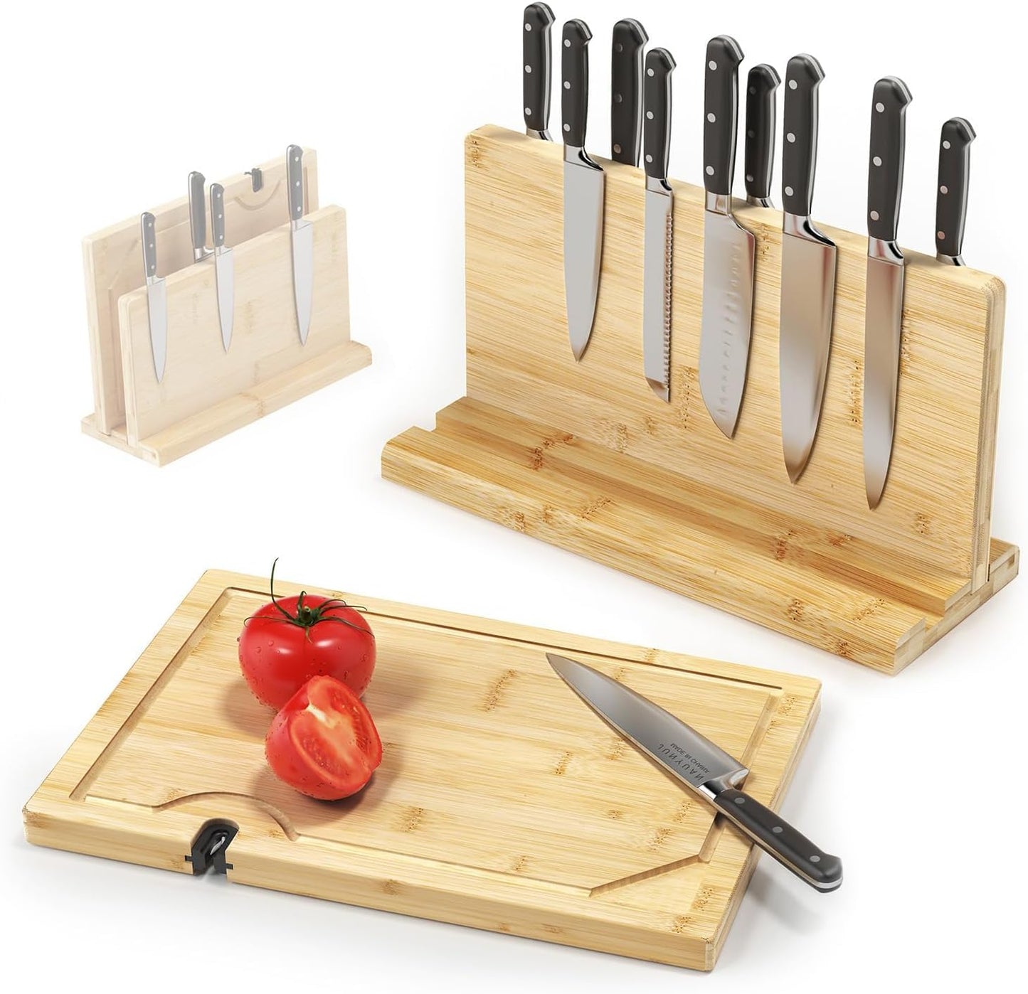 Magnetic Knife Block for up to 16 x 9″ Knives - Powerful Double-Sided Bamboo Magnetic Knife Holder with Cutting Board with Knife Sharpener, Easy-Access Kitchen Knife Storage - Supplied Without Knives
