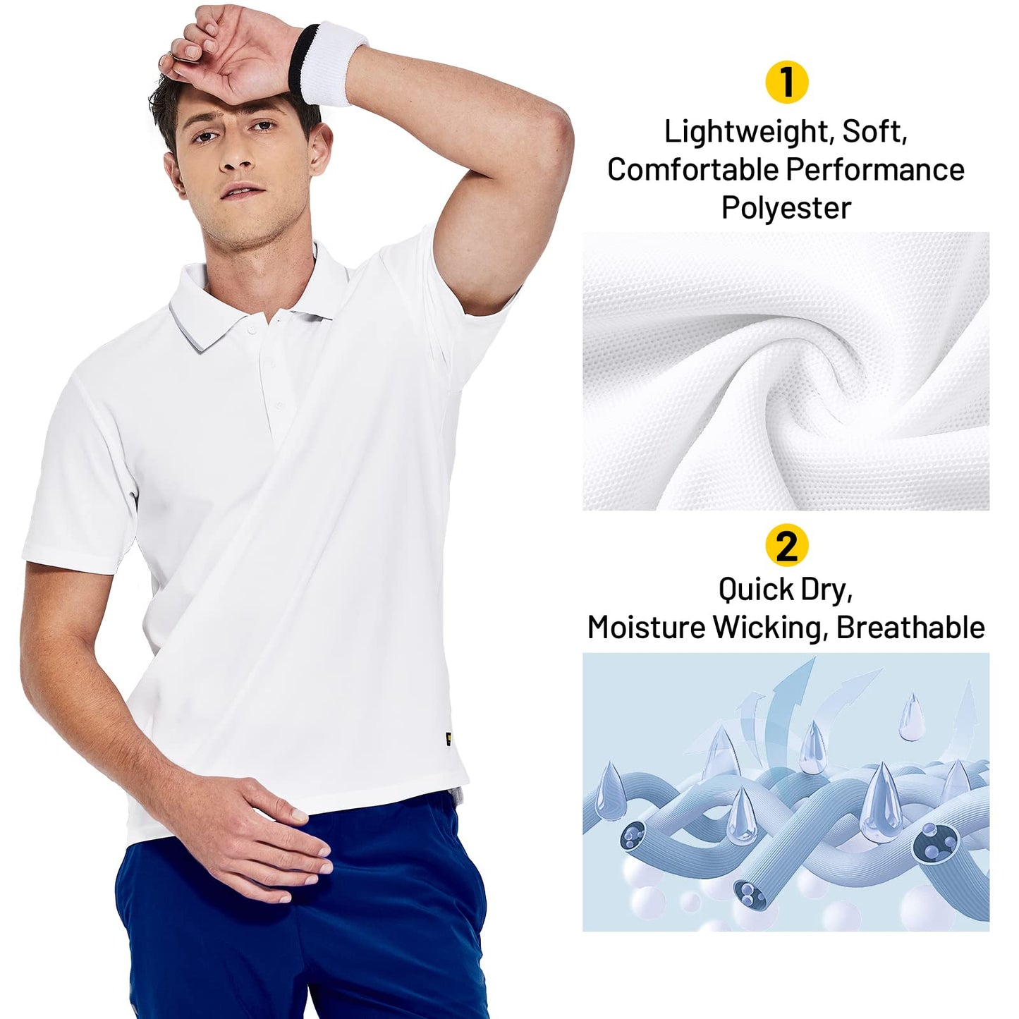 MIER Men's Short Sleeve Polo Shirt Quick Dry Tennis Golf Collared T-Shirts Contrast Collar Casual Polo Moisture Wicking, White, L