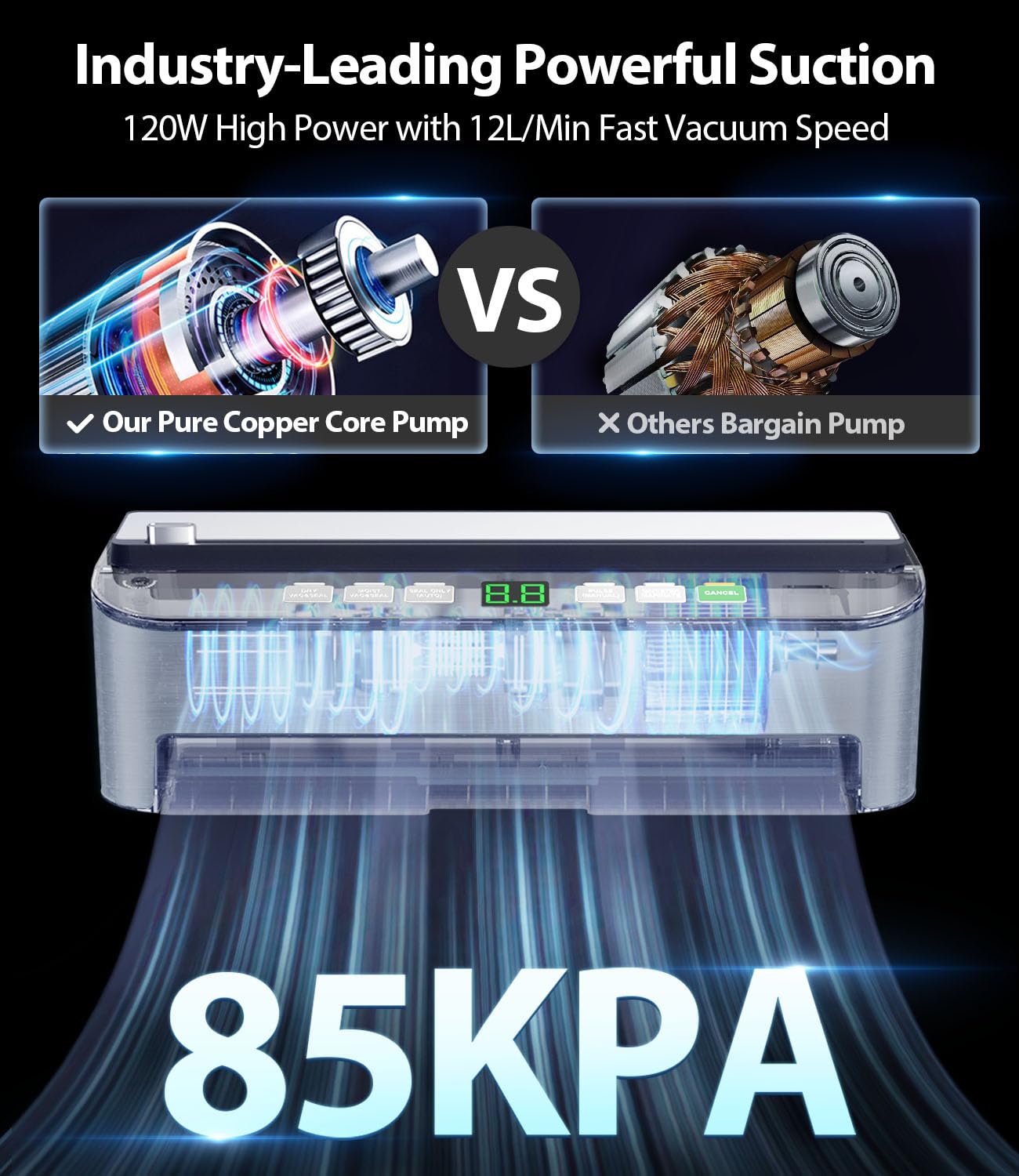 Vacuum Sealer Machine, Beeliciousยฎ 85KPA Fully Automatic 8-IN-1 Food Sealer with Bags Storage, Build-in Cutter, Moist Mode and Air Suction Hose | Digital Countdown | Sous Vide