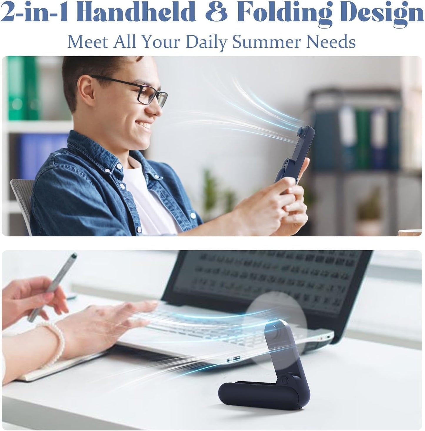Handheld Mini Fan with USB Rechargeable 1000mAh Battery, Portable Hand Held Lash Fan for Makeup with 13 Woking Hours, Small Foldable Pocket Fans for Travel, Gifts for Women - Dark Blue