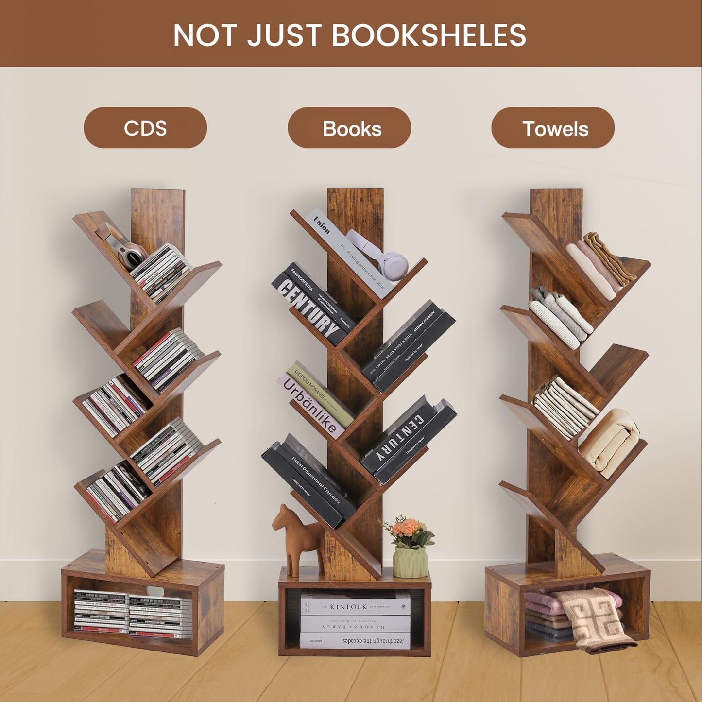 COSYSUPER Tree Bookshelf - 6 Shelf Retro Floor Standing Bookcase, Tall Wood Book Storage Rack for CDs/Movies/Books, Utility Book Organizer Shelves for Bedroom, Living Room, Home Office Rustic Brown