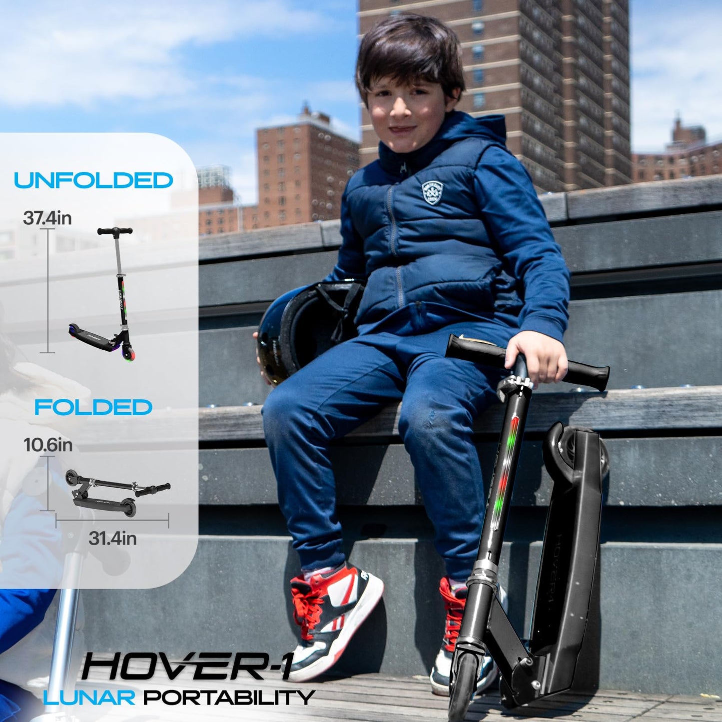 Hover-1 Lunar Kids Folding Kick Scooter with Color-Changing LED Light Up Wheels, Foot Brake, Adjustable Height Handle, and Light Weight Design