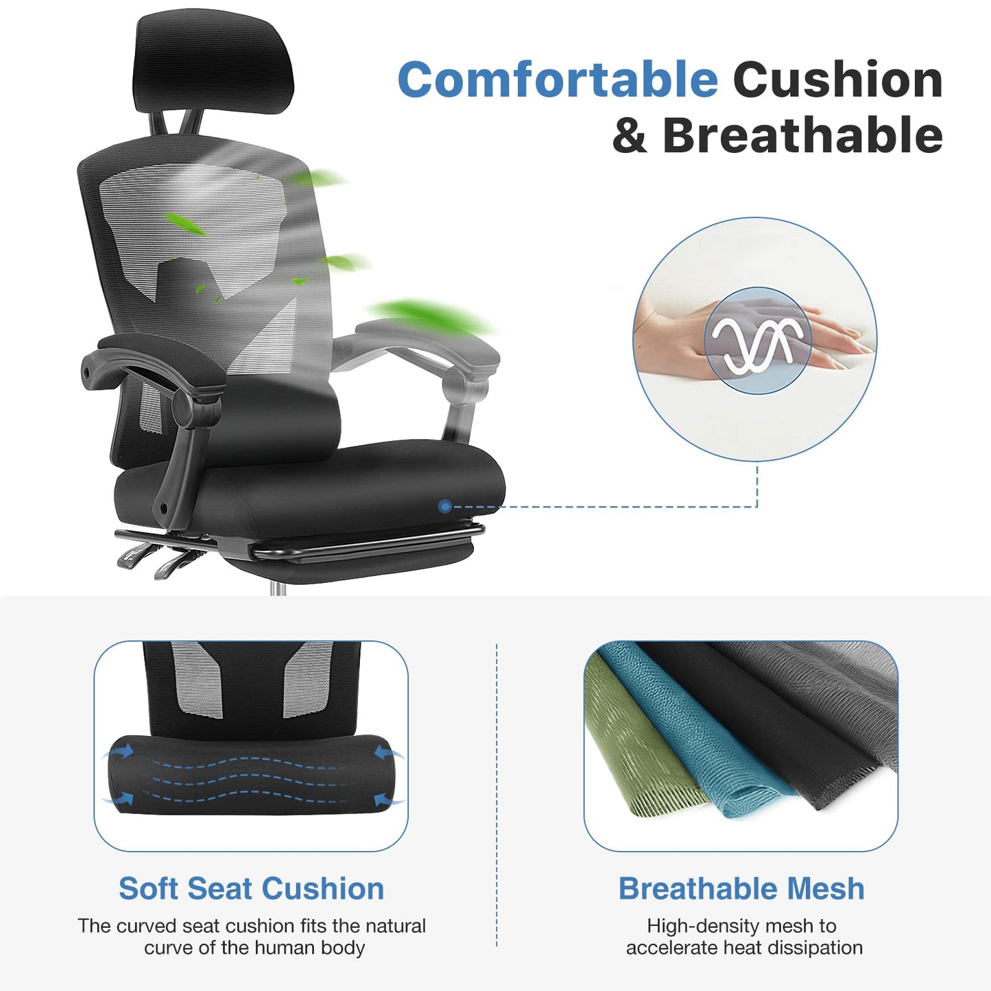 AFO Ergonomic Office Chair, High Back Office Chair with Lumbar Pillow & Retractable Footrest, Mesh Office Chair with Padded Armrests and Adjustable Headrest, Height Adjustable, Dark Black (WY-9053-BK)