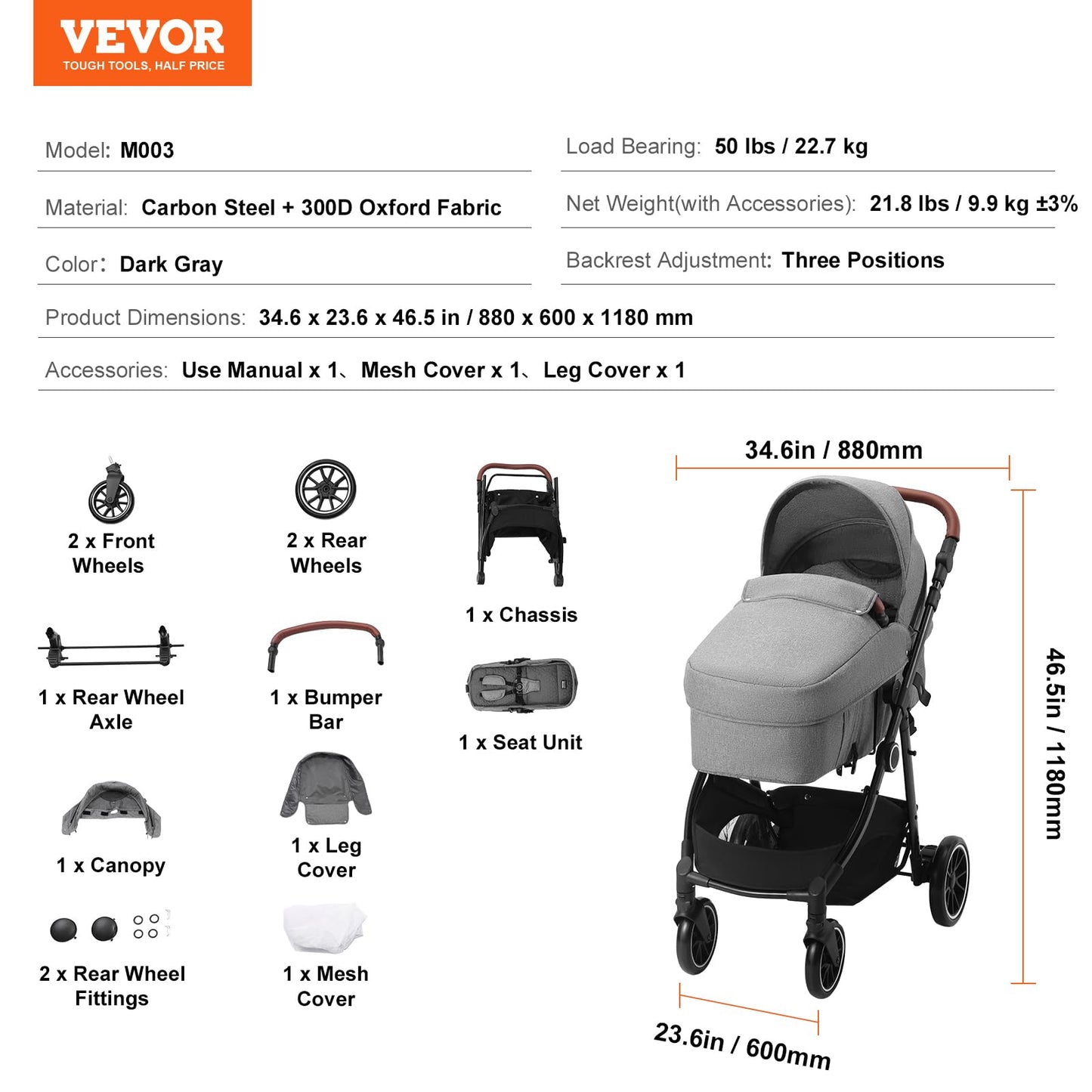 VEVOR Standard Baby Stroller, Infant Toddler Stroller with Bassinet, 3rd-Gear Adjustable Backrest & Foldable & Reversible Seat, Carbon Steel Newborn Stroller with Leg Cover and Mesh Net, Black