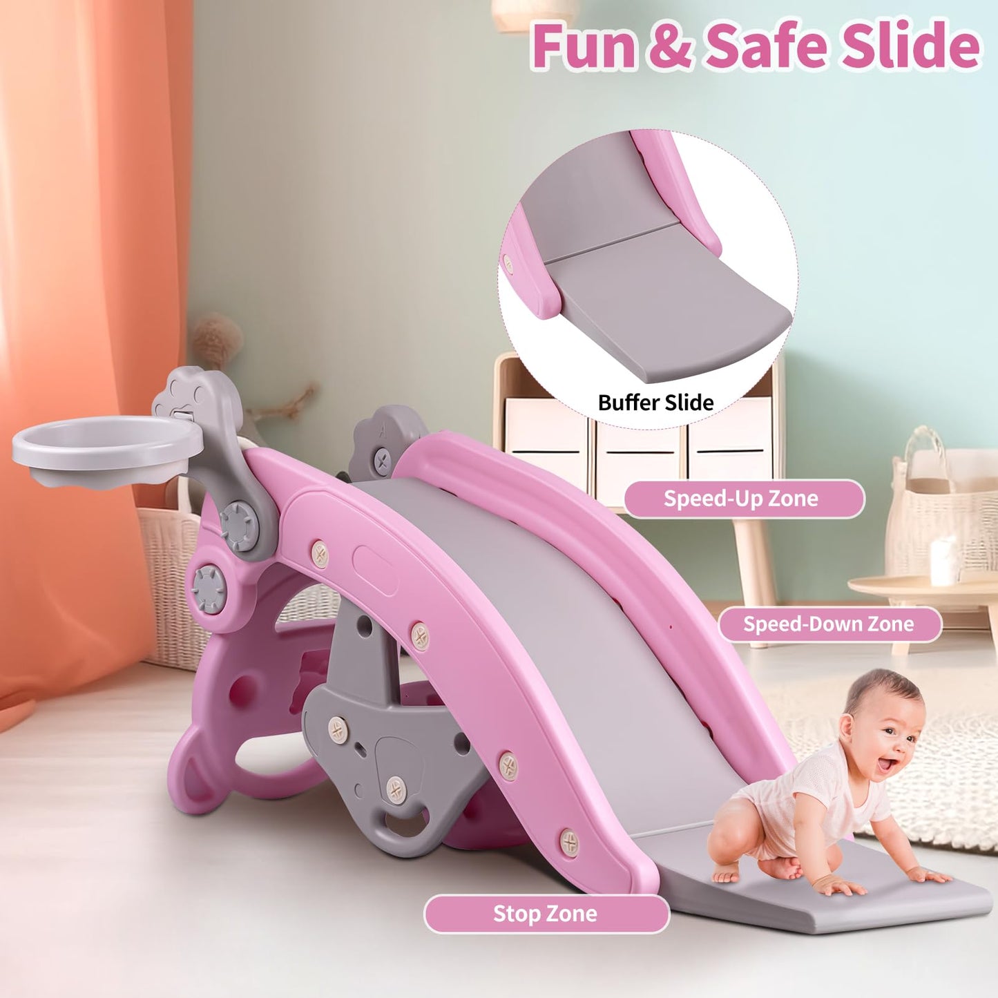 5-and-1 Kids Slide,Indoor Outdoor Playset for Toddlers Age 1-3,Kids Slide Indoor and Outdoor Playground,Toddler Slide with Ball & Hoop(Pink)