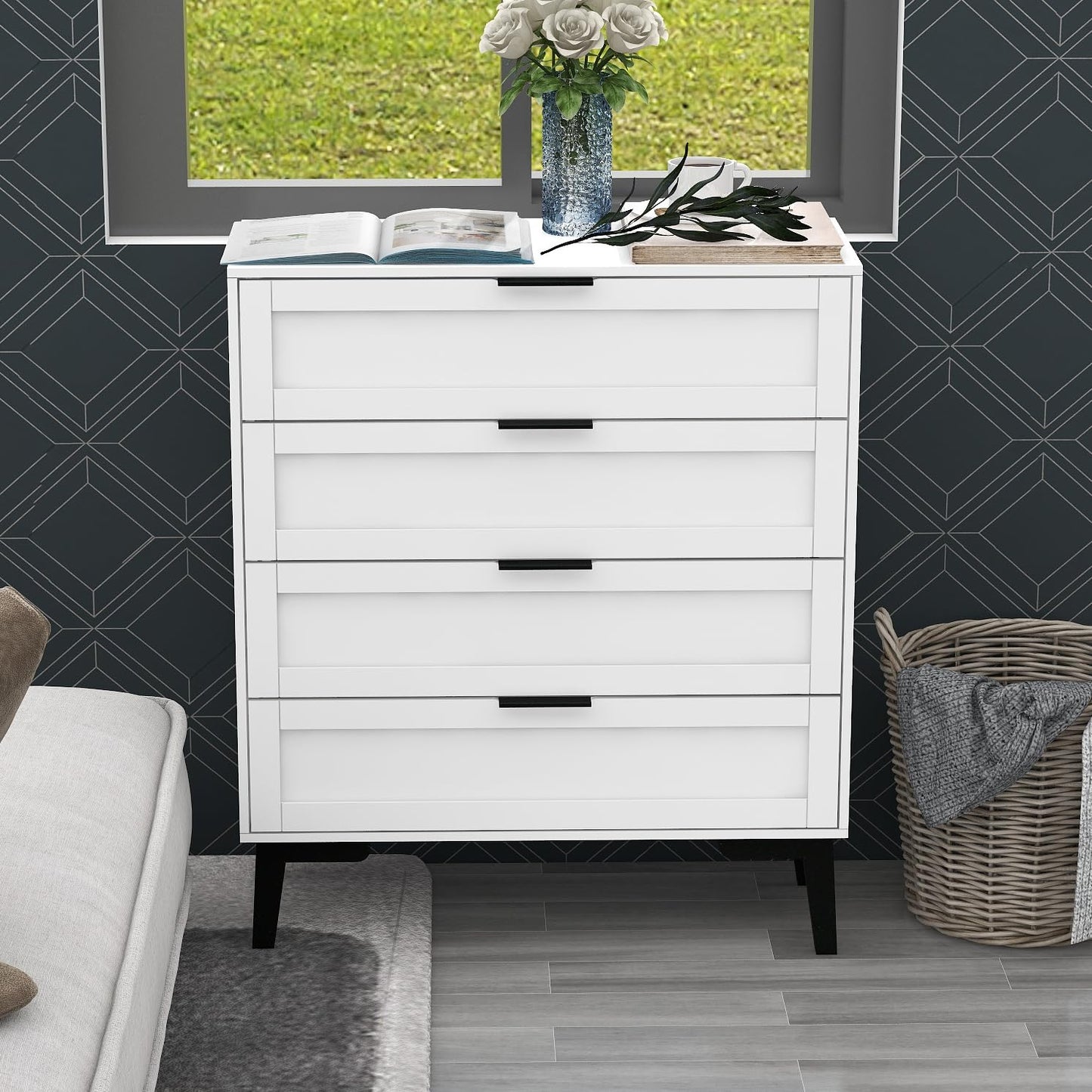 Modern White 4 Drawer Dresser for Bedroom