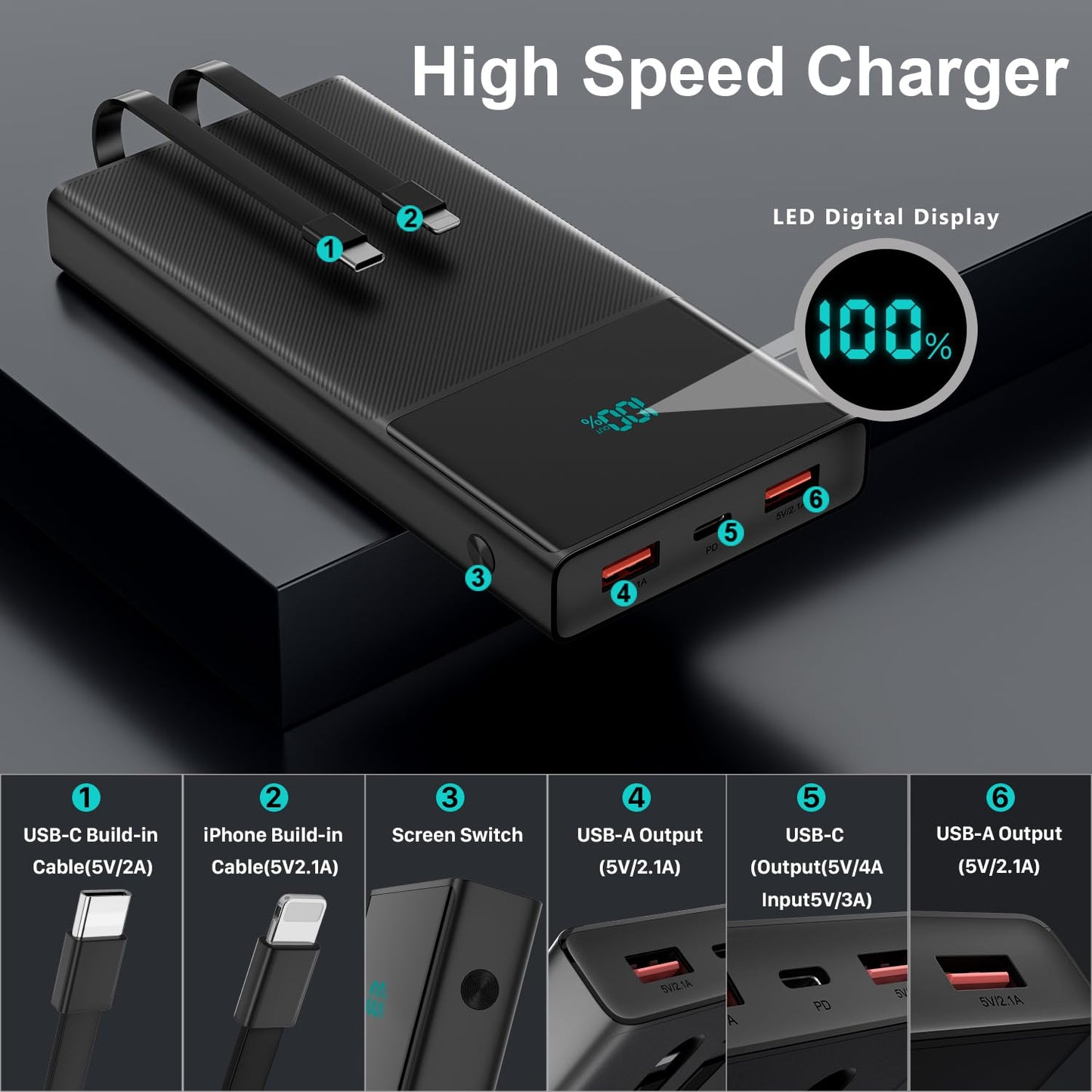 Portable 13000mAh Power Bank with Built-in Cables