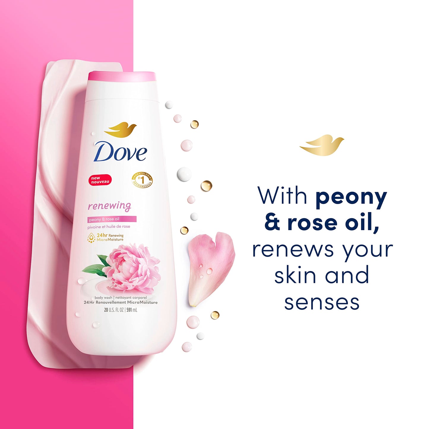 Dove Body Wash Renewing Peony and Rose Oil 4 Count for Renewed, Healthy-Looking Skin Gentle Skin Cleanser with 24hr Renewing MicroMoisture 20 oz