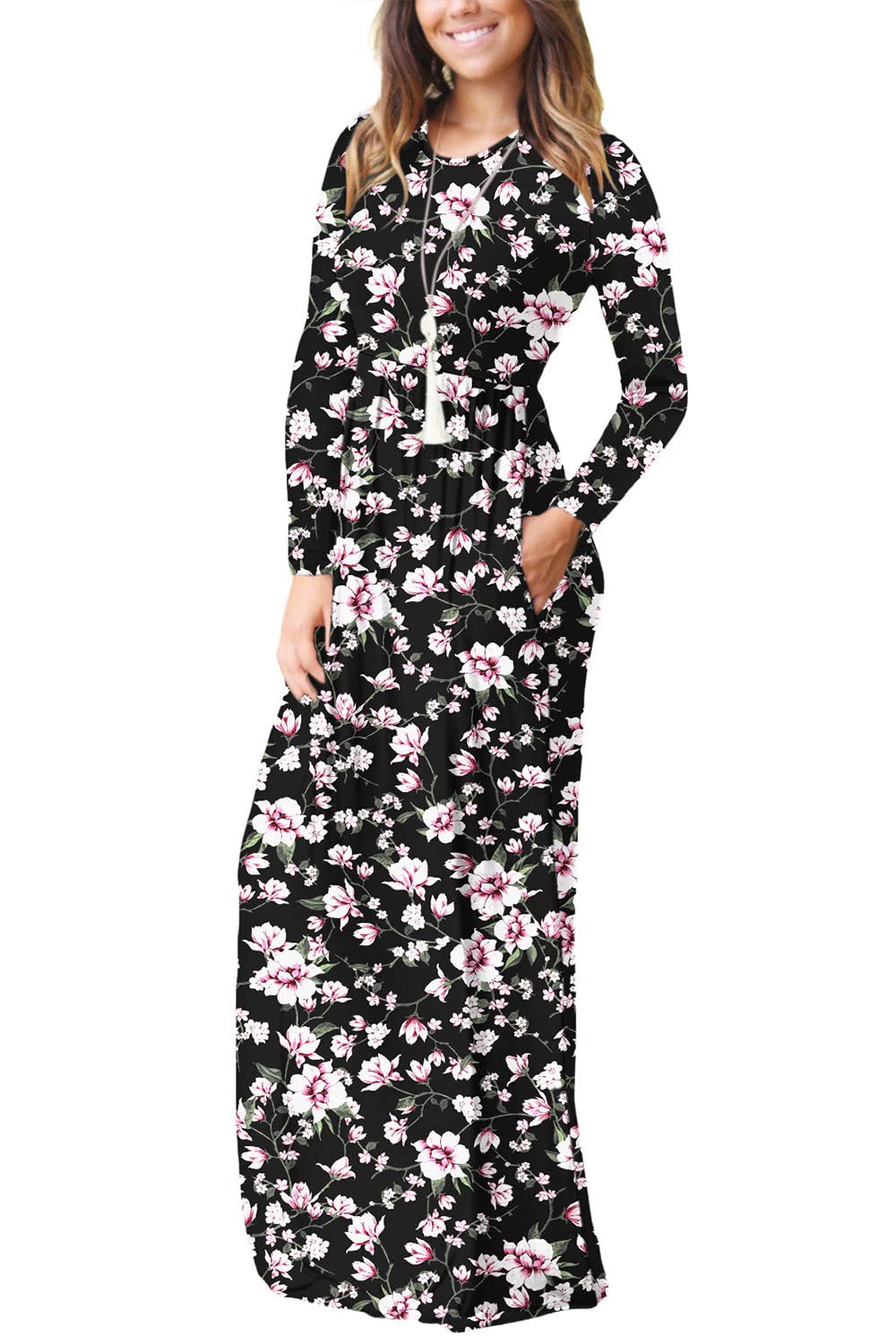 EUOVMY Maxi Dress for Women Floral Black Pink Large Round Neck Boho A-line Long Sleeve Casual Hawaiian Sundress Flowy Elegant Party Vacation Spring Summer Beach Long Sun Dresses with Pockets