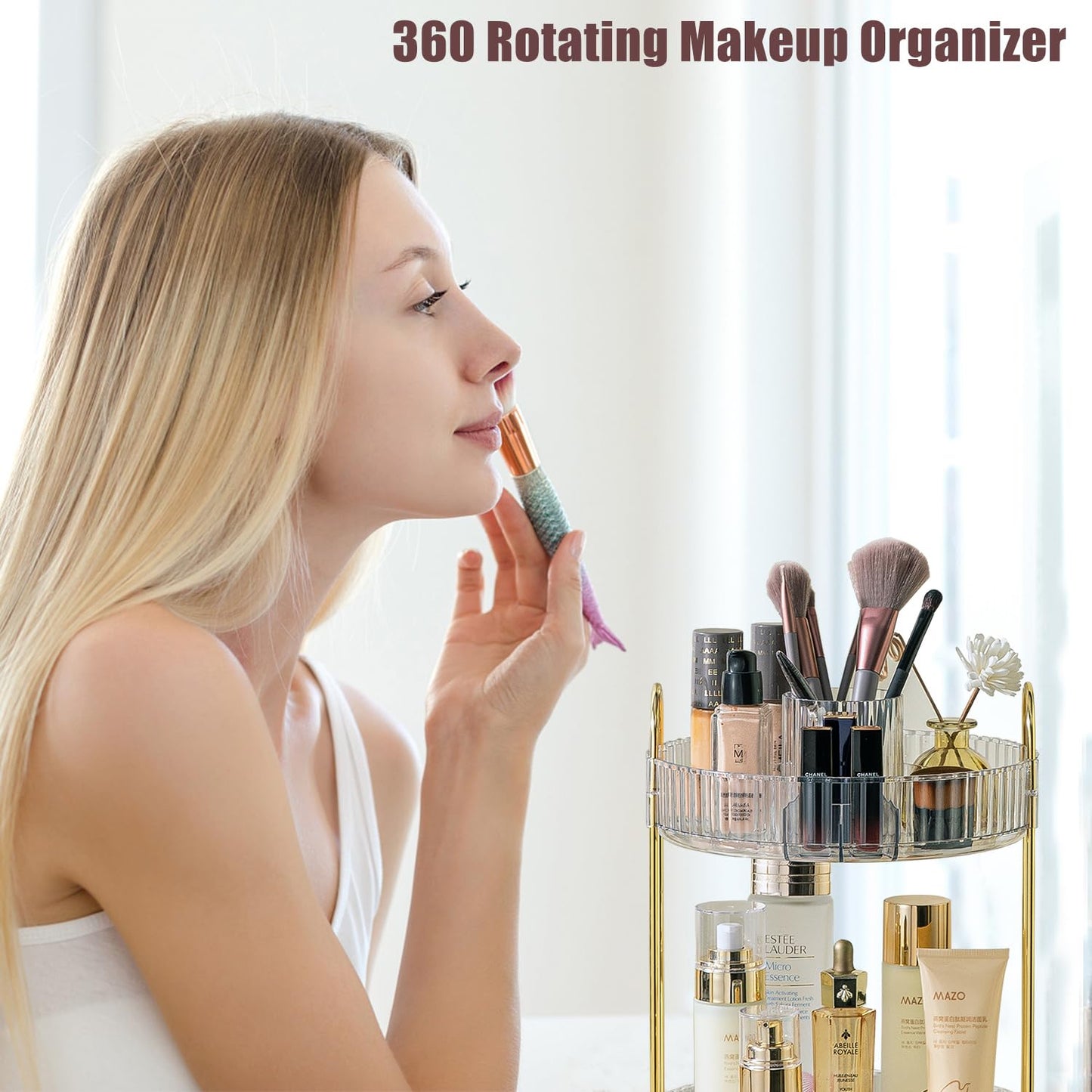 360 Rotating Makeup Organizer for Vanity, Menoeceus Spinning Bathroom Countertop Organizer Cosmetic Display Cases Makeup Tray for Skincare Organizers with Lipstick Organizer (2 Tiers Transparent)