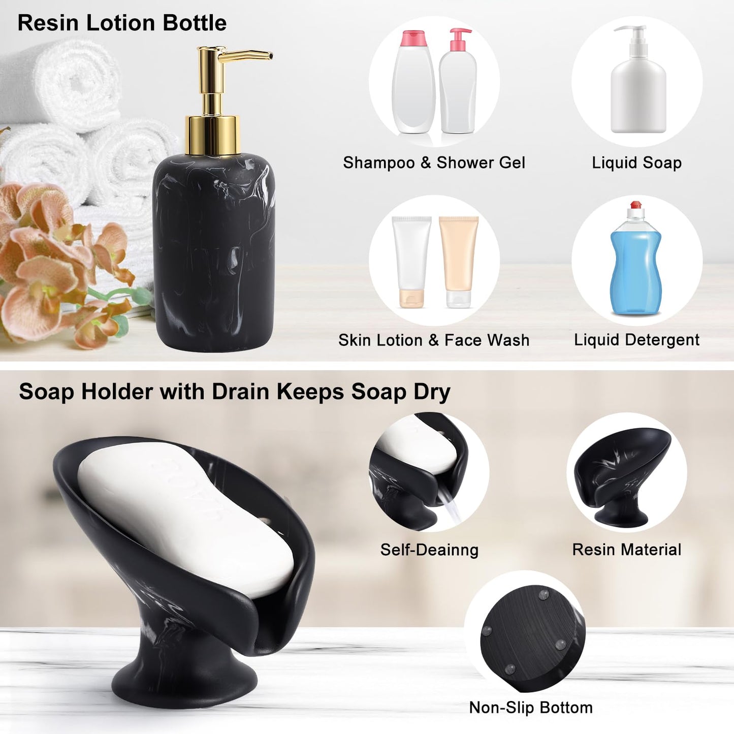 Black Marble Bathroom Accessories Set - 5 Pieces