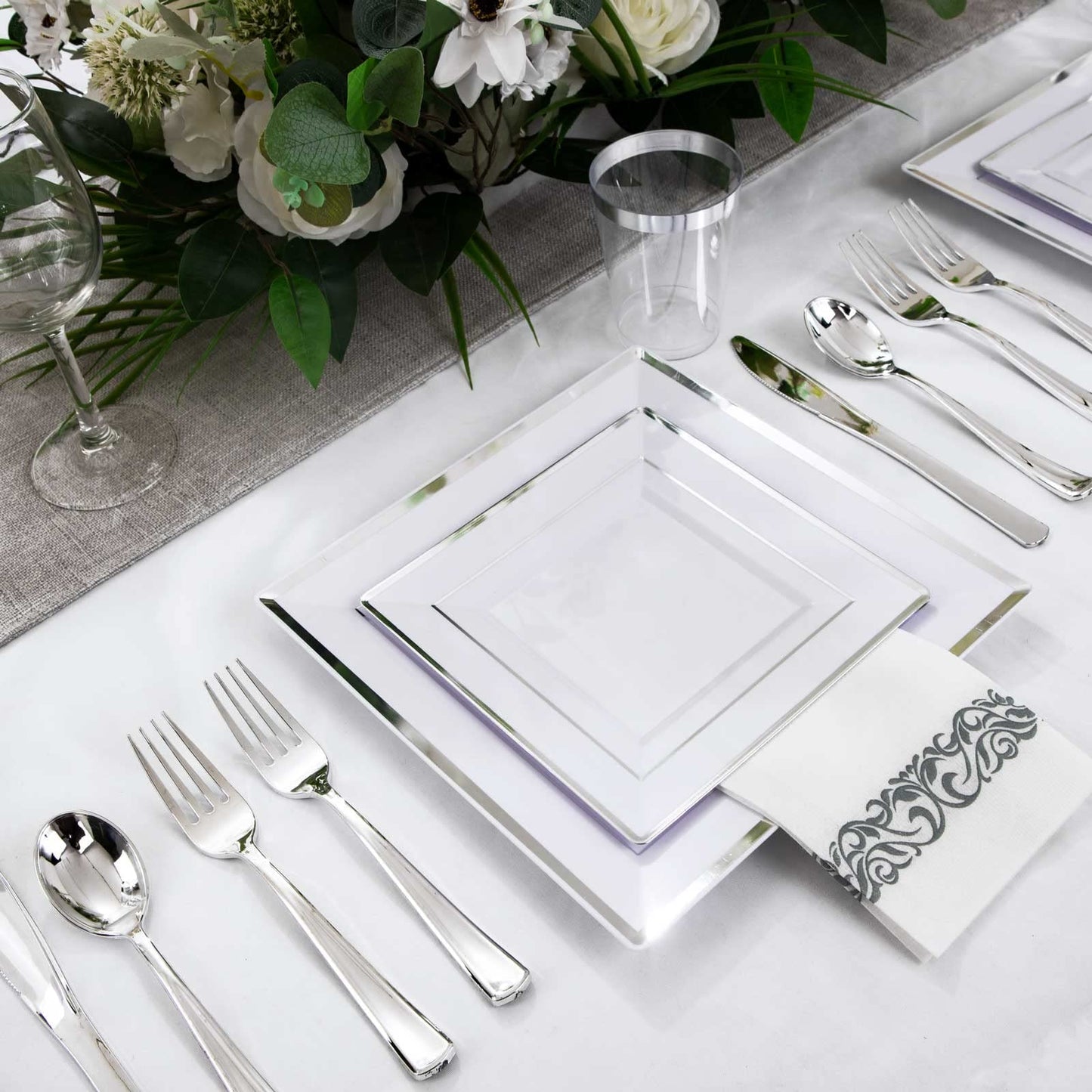 I00000 175PCS Silver Plastic Plates, Disposable Silverware, Napkins & Cups, Silver Square Dinnerware Include 25 Dinner Plates, 25 Salad Plates,25 Forks,25 Knives,25 Spoons,25 Tumblers, 25 Guest Towels