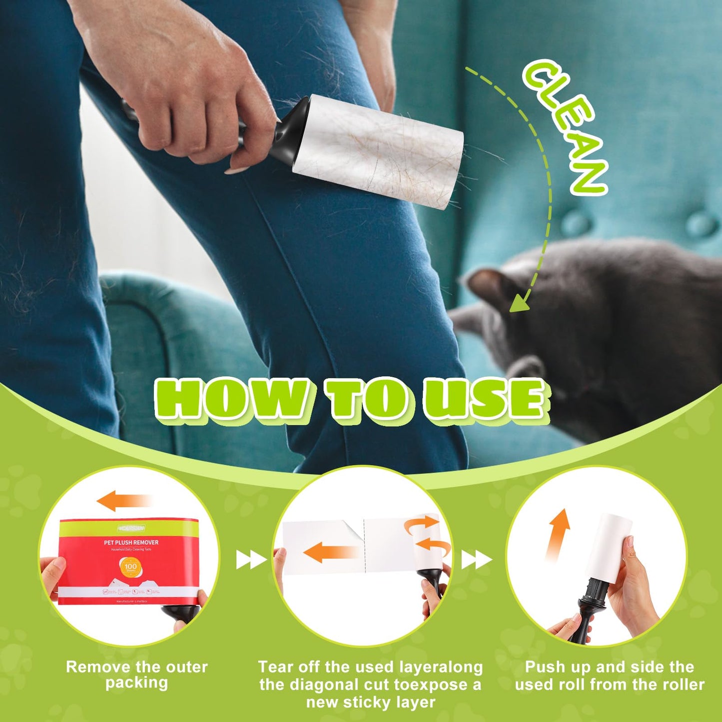 Vcarsian Lint Roller, Pet Hair Remover with 2 Enhanced Handles and 6 Rollers, Extra Sticky Portable Lint Remover for Clothes, Furniture and Pet Hair