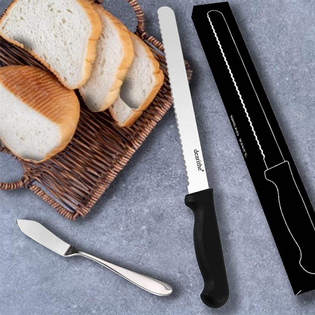 dearithe Serrated Bread Knife with Sheath, Plus a Free 304 Butter Knife,10 inch Black Stainless Steel Sharp Wavy Edge Wide Bread Cutter, For Homemade Bread, Bagels, Cake. Dishwasher Safe