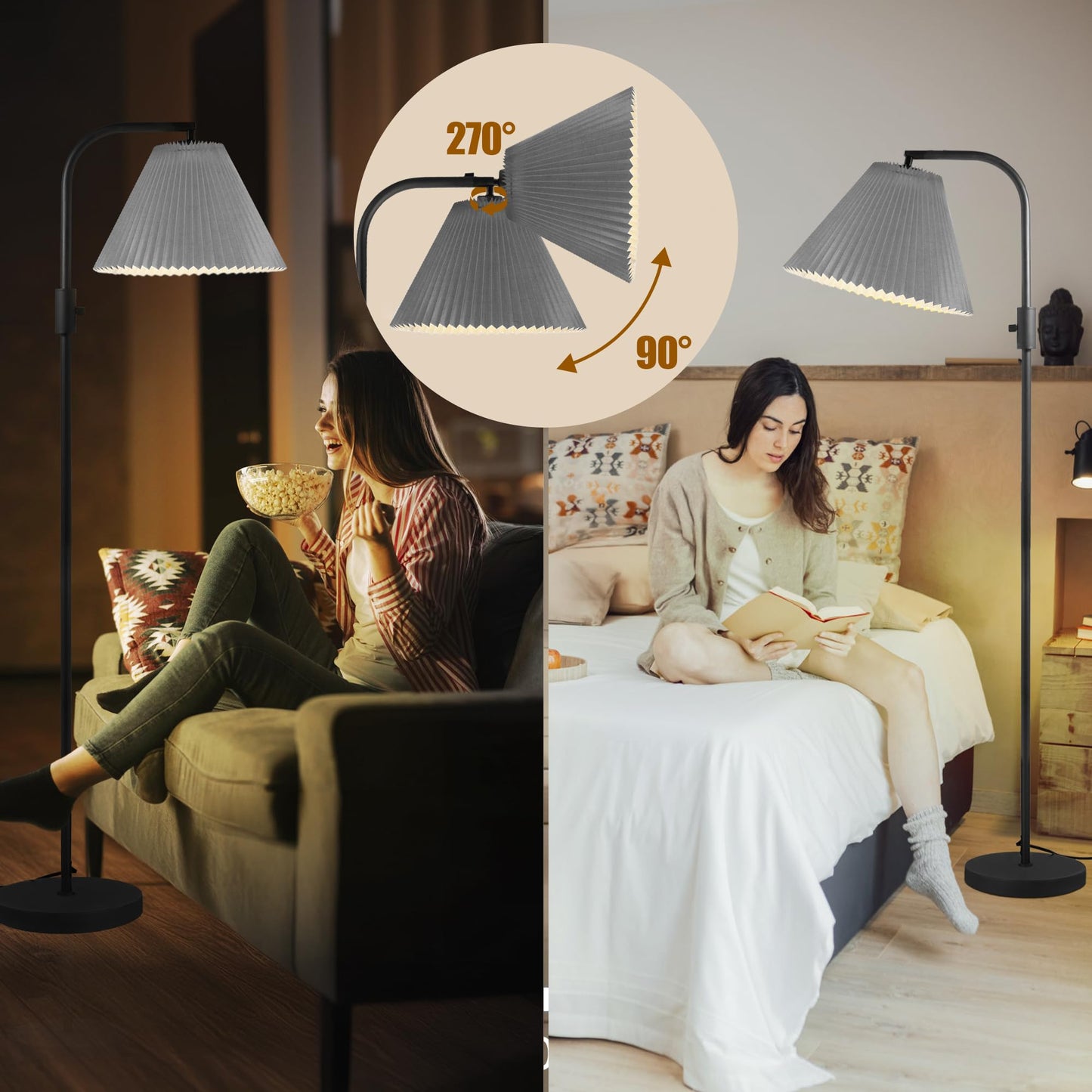 COFF Dimmable Floor Lamp, Arc Standing Lamp with 1000 Lumens LED Edison Bulb Included, Pleated Shade Modern Tall Pole Lamp for Living Room, Bedroom, Office, Color Gray