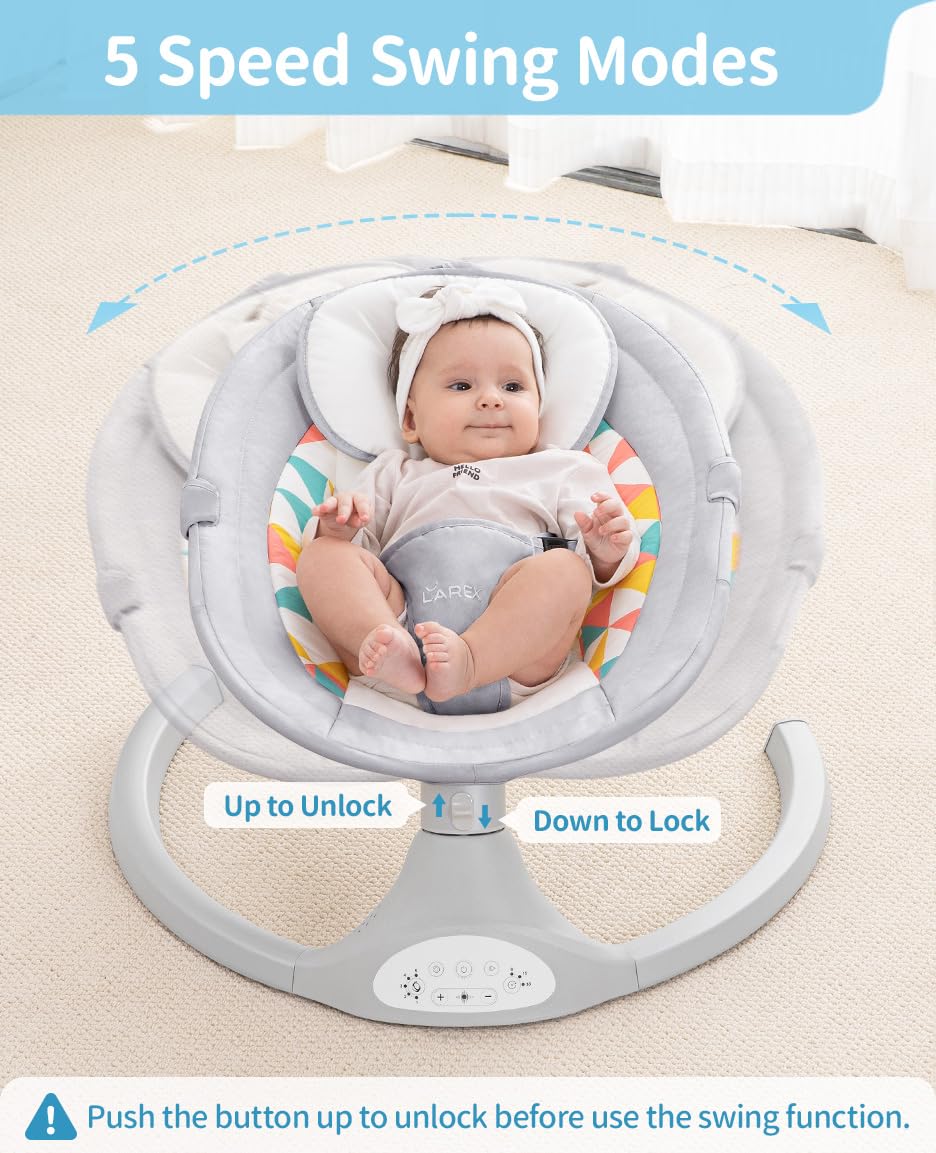 LAREX Baby Swing for Infants, Electric Baby Swings for Newborns Portable Babies Swing with 5 Speeds, Bluetooth Music, Remote Control, Grey