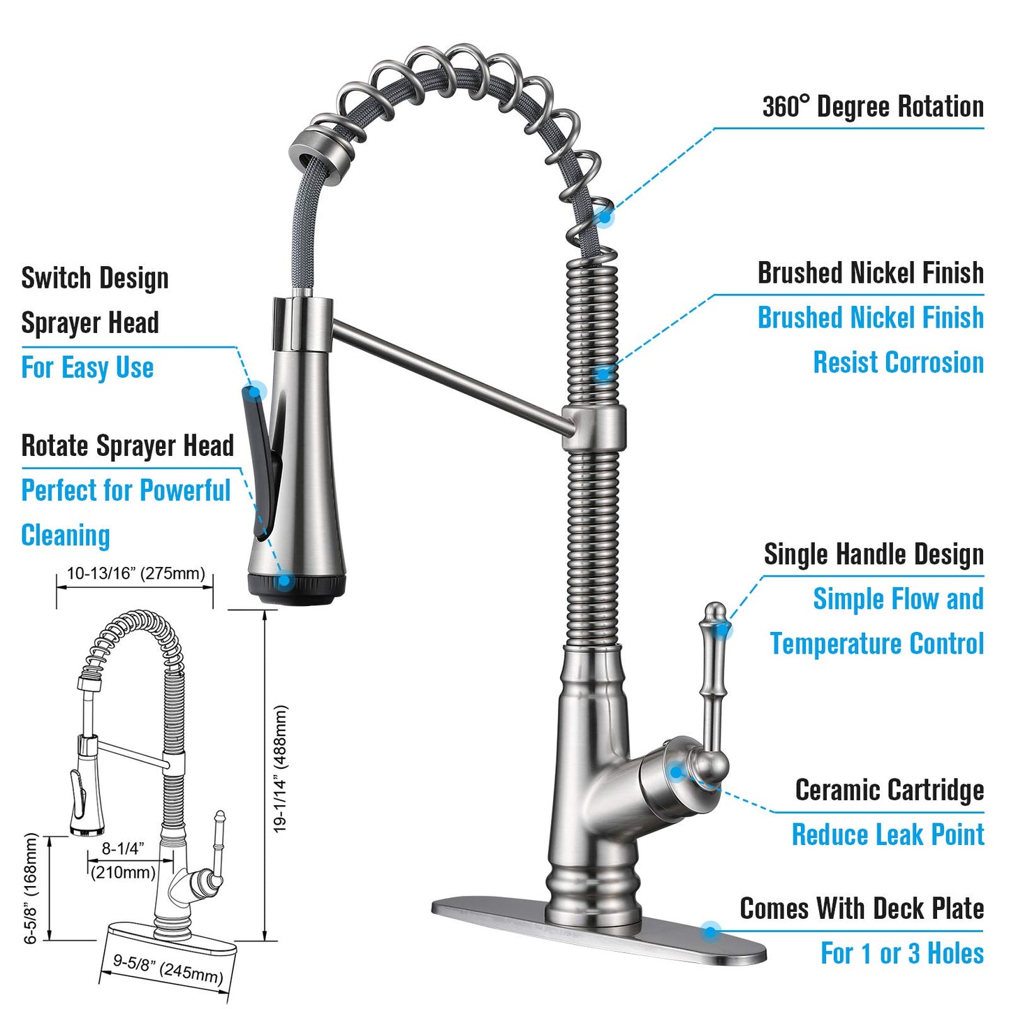 Single Handle Kitchen Sink Faucet with Pull Down Sprayer, Single Level Pull Out Kitchen Faucet, Brushed Nickel