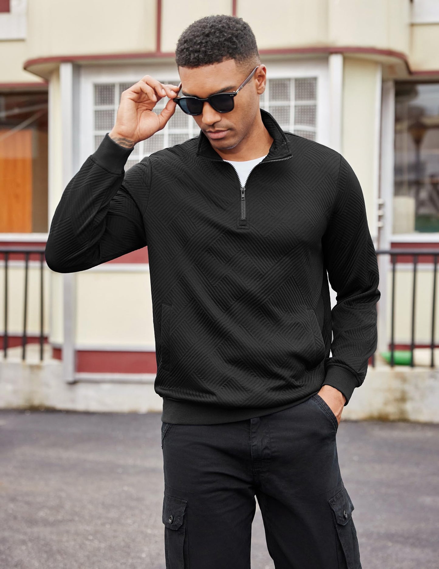 COOFANDY Quarter Zip Pullover Men Fashion Long Sleeve