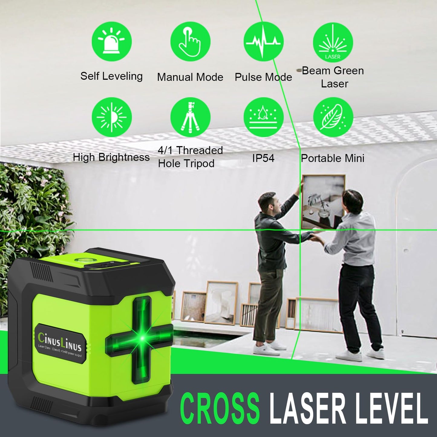 CinusLinus Laser Level with Tripod, CinusLinus 100Ft Laser Level 360° Self Leveling, Green Line leveler Tool for Hanging Pictures, Floor Tile, Home Renovation with Battery, Rotating Stand, 26'' Tripod
