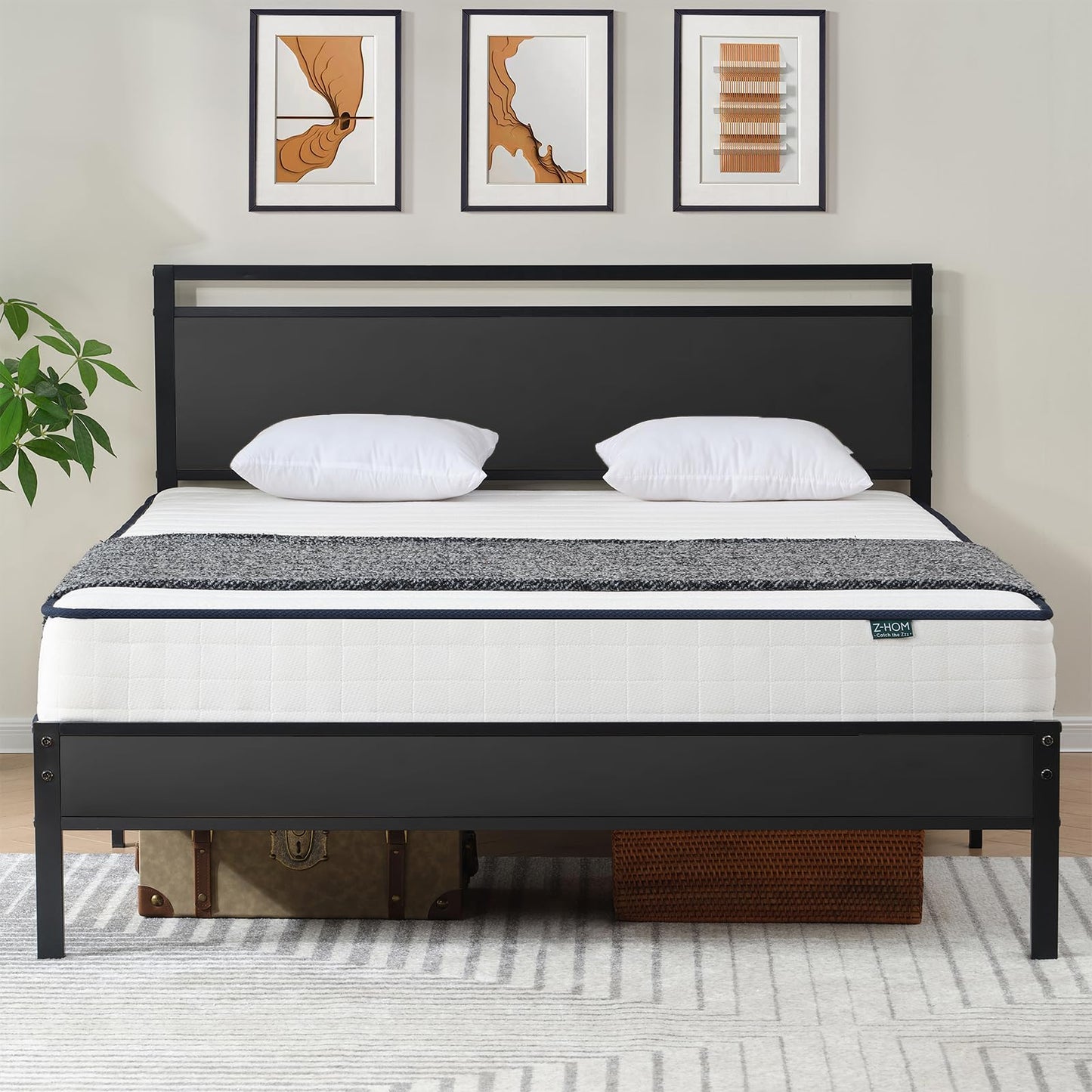 Twin Metal Bed Frame with Modern Wood Headboard