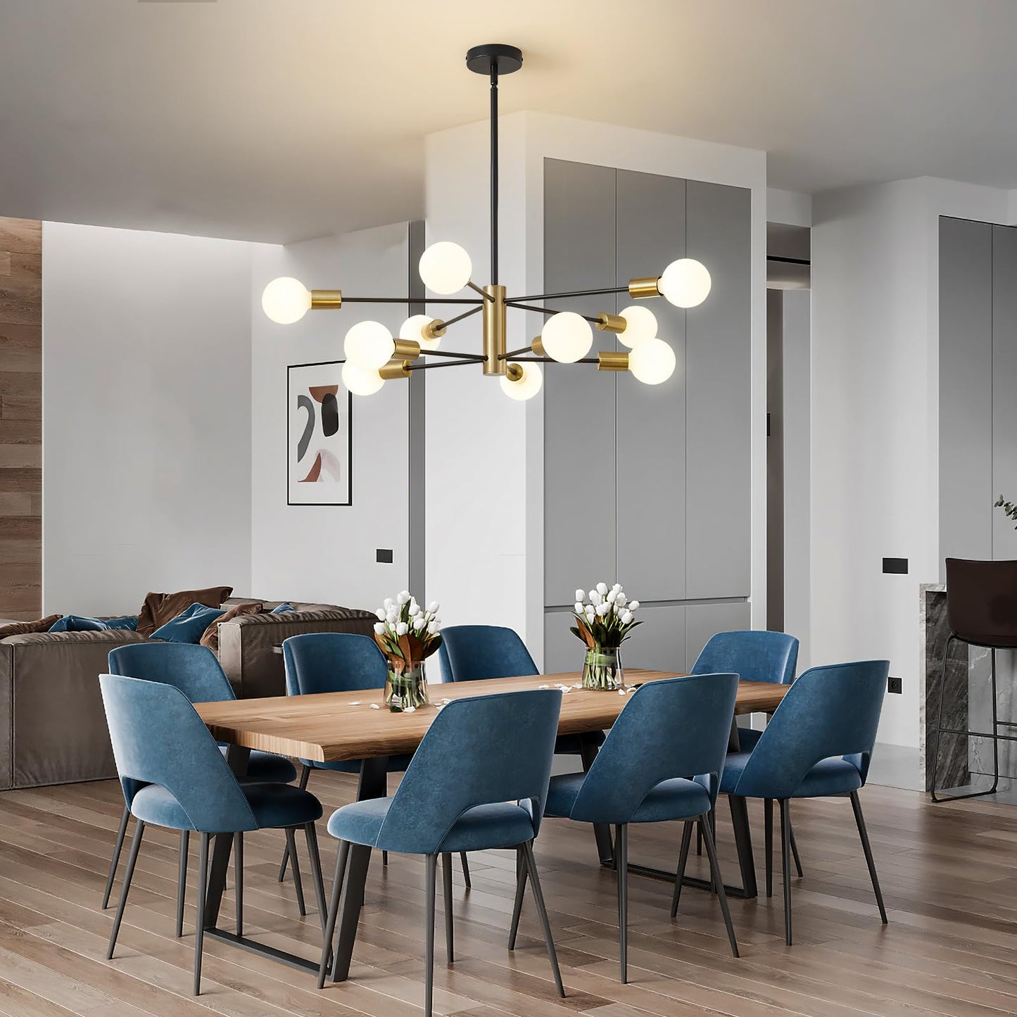 10-Light Modern Black and Gold Chandelier Pendant