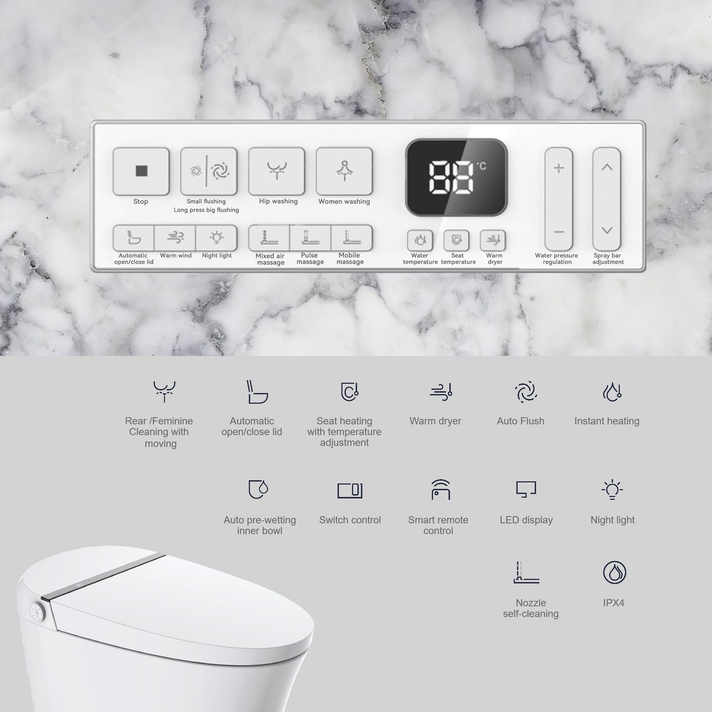 EIYHOME Smart Bidet Toilet,One Piece Bidet Toilet with Auto Open Close, Auto Flush, Foot Sensor Operation, Heated Seat,Warm Water & Dryer,Night Light,LED Display,White Remote Control