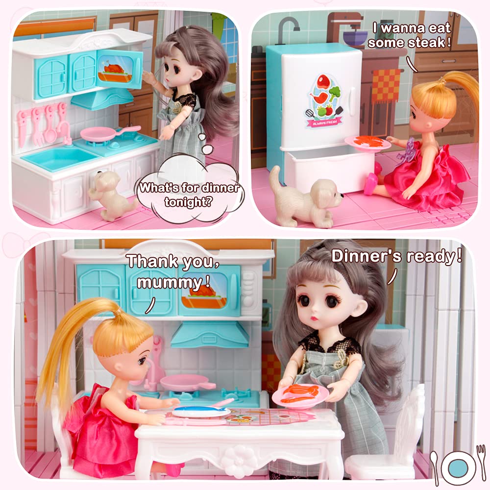 Dollhouse Building Toy Set with 5 Lights,3 Dolls& 2 Pets Princess Doll House and Furniture,Accessories,Stairway,Best STEM Pretend Play Toys for Girls Toddlers 27.7" Tall (9 Rooms)