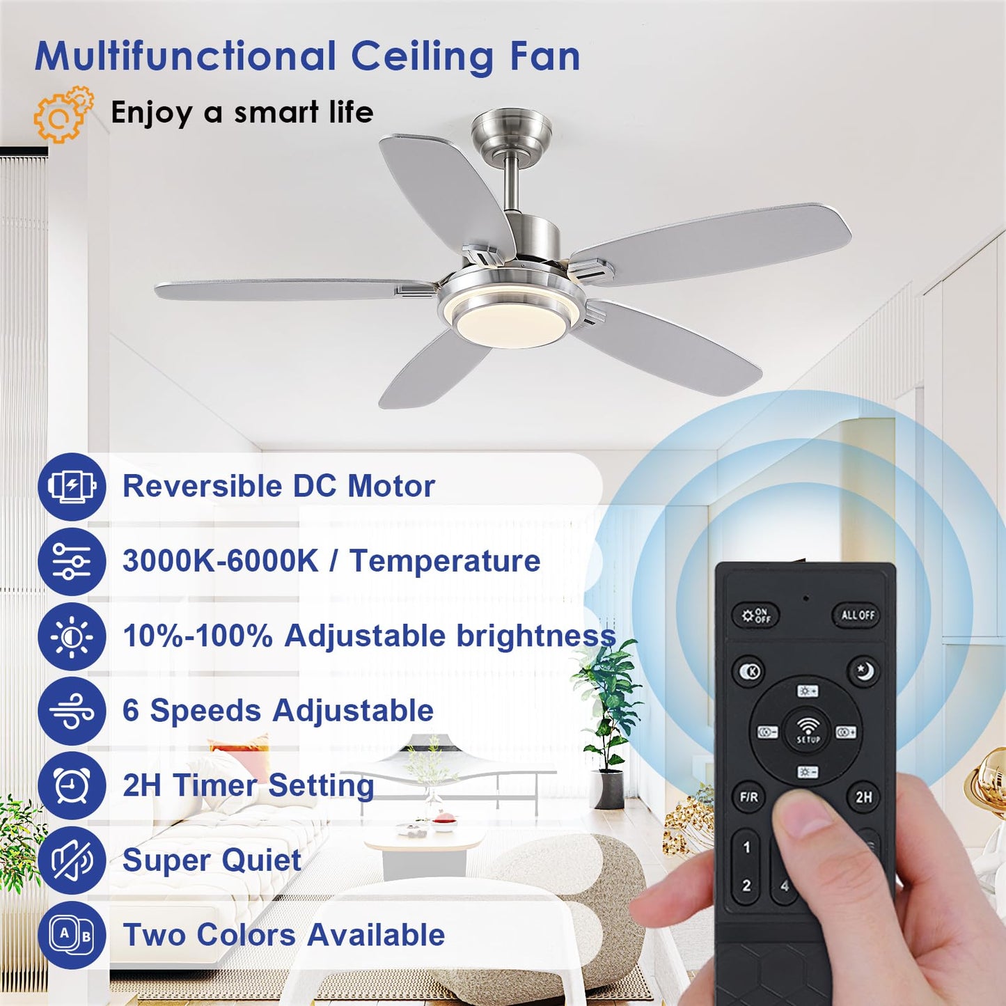 Ceiling Fan with Light and Remote/APP Control,50" Modern Indoor Ceiling Fan with DC Reversible Motor, Quiet 6 Speeds Flush Mount Ceiling fan Light for Bedroom,Dinnig Room,Brushed Nickel