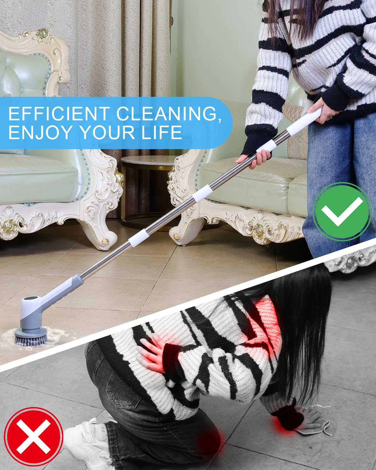 Electric Spin Scrubber, Cordless Shower Scrubber with 6 Replaceable Brush Heads, 2 Adjustable Speeds, and Adjustable Extension Handle, Spin Brush for Cleaning Bathroom Kitchen Floor Tile Tub (Grey)