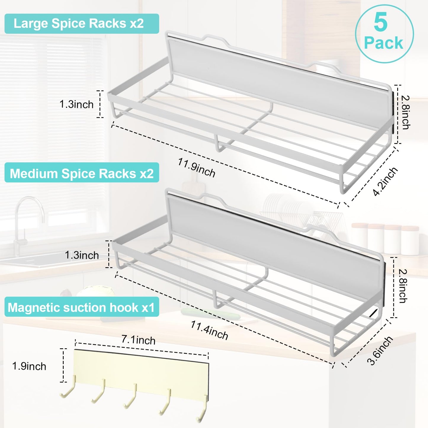 HCBaoXGui Magnetic Spice Rack for Refrigerator,5 Pack Magnetic Shelf for Fridge Magnetic Organizer Seasoning Rack Kitchen Organizer with 13 Magnetic Hooks,Refrigerator Magnet Shelf (White)