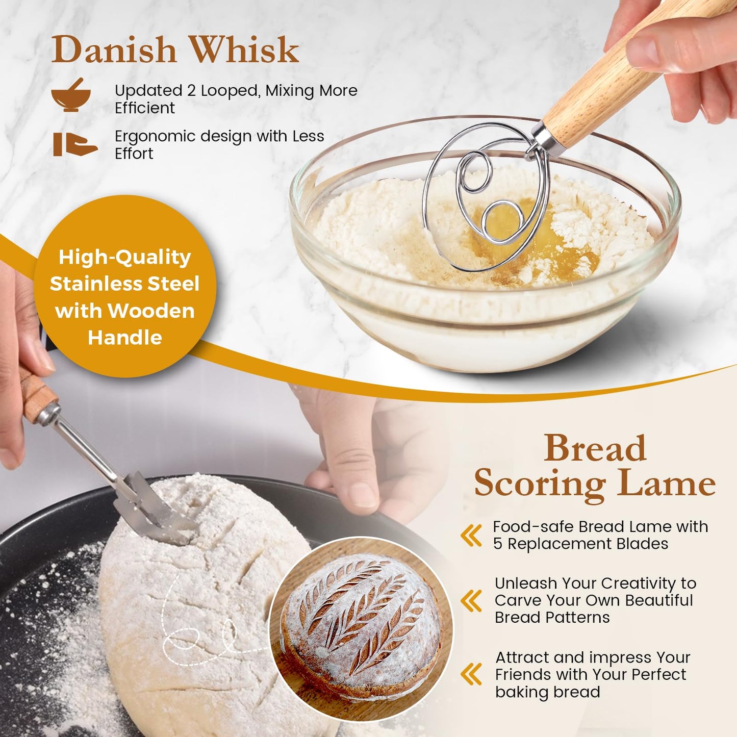 Banneton Bread Proofing Basket Set, Oirfaxs 10 Inch Oval & 10 Inch Round Sourdough Bread Baking Supplies Proofing Basket with Bread Lame,Danish Dough Whisk,Bowl& Dough Scrapers, Complete Baking Gifts