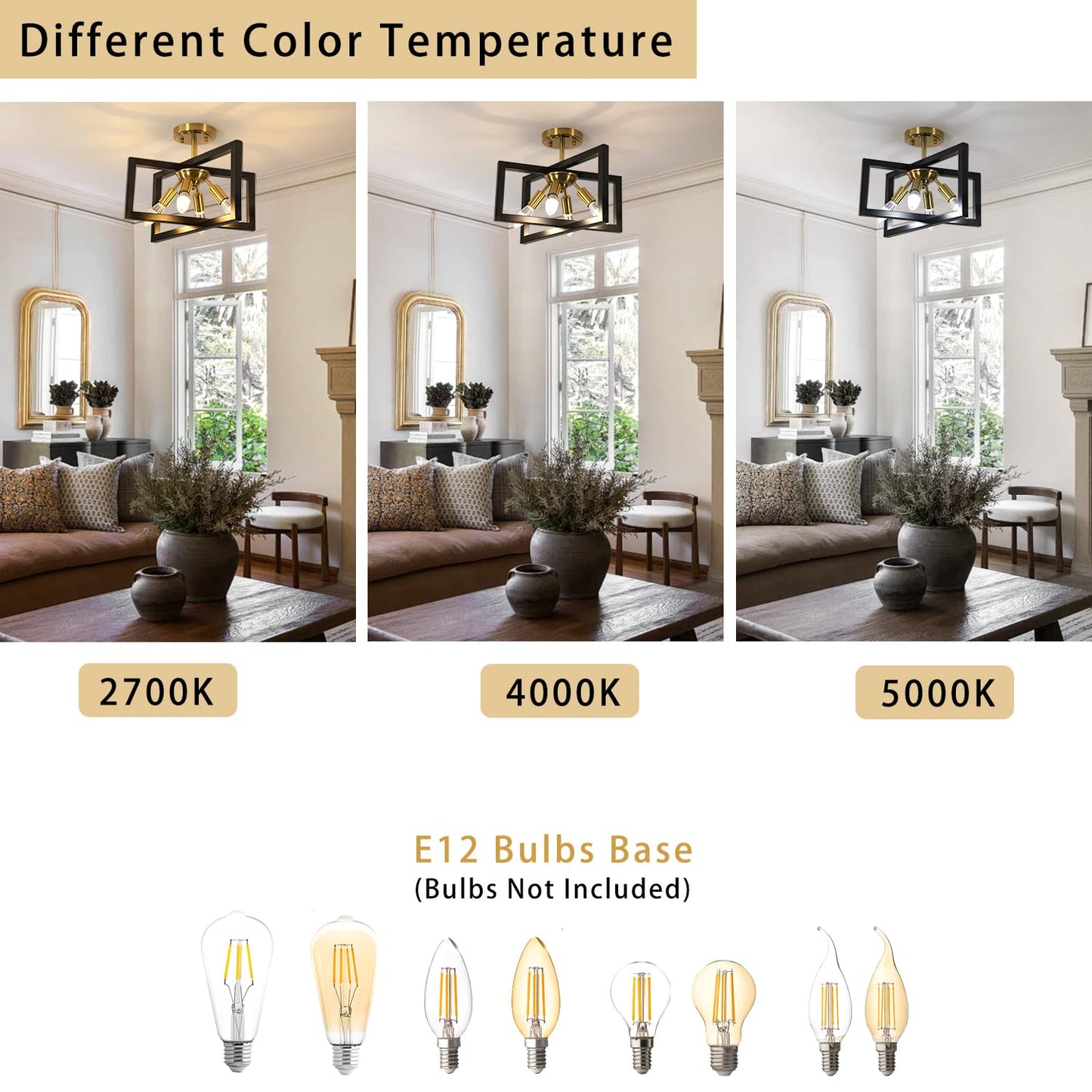 DELIPOP Semi Flush Mount Ceiling Light, 4-Light Gold Farmhouse Industrial Ceiling Light Fixtures with Black Square Metal Frame Close to Ceiling Light for Kitchen, Dining Room, Living Room, Bedroom