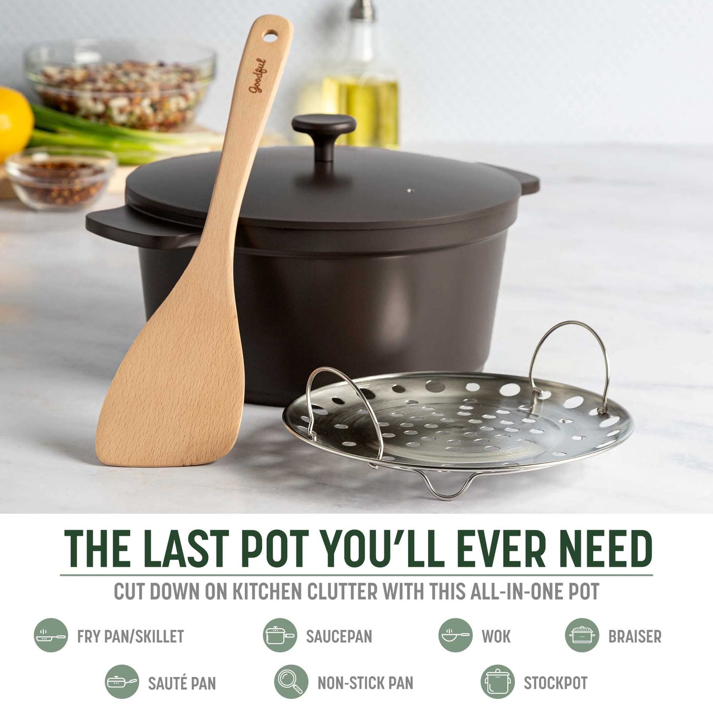 Goodful All-In-One Pot, Multilayer Nonstick, High Performance Cast Dutch Oven With Matching Lid, Roasting Rack And Turner, Made Without PFOA, Dishwasher Safe Cookware, 4.7-Quart, Graphite