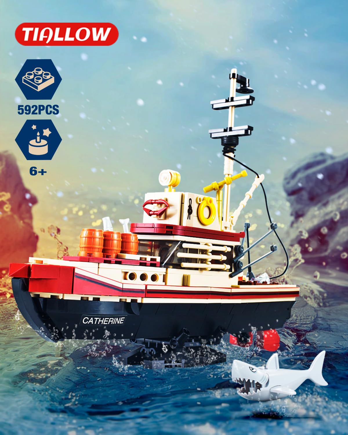 582 Piece Fishing Boat Building Blocks Set with Shark Model