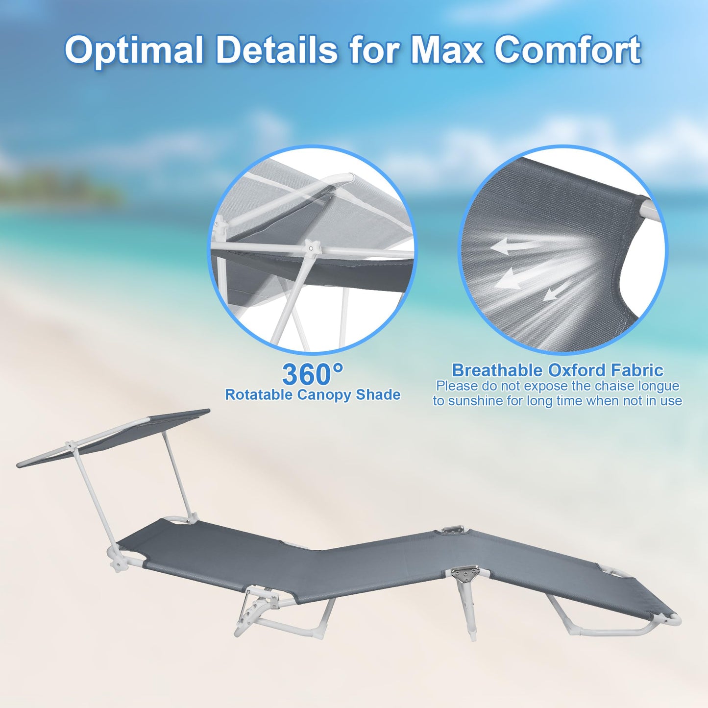 CAMPHILL Foldable Chaise Lounge Chair with 360° Canopy Sunshade, Portable Beach Sunbathing Lay Flat Reclining Tanning Chair Adjustable 4-Position for Outside Patio Poolside,Beach