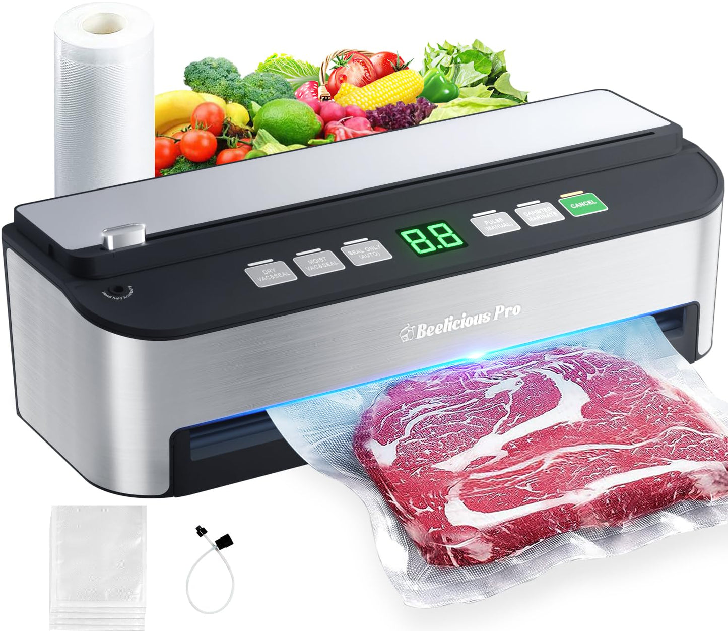 Vacuum Sealer Machine, Beeliciousยฎ 85KPA Fully Automatic 8-IN-1 Food Sealer with Bags Storage, Build-in Cutter, Moist Mode and Air Suction Hose | Digital Countdown | Sous Vide