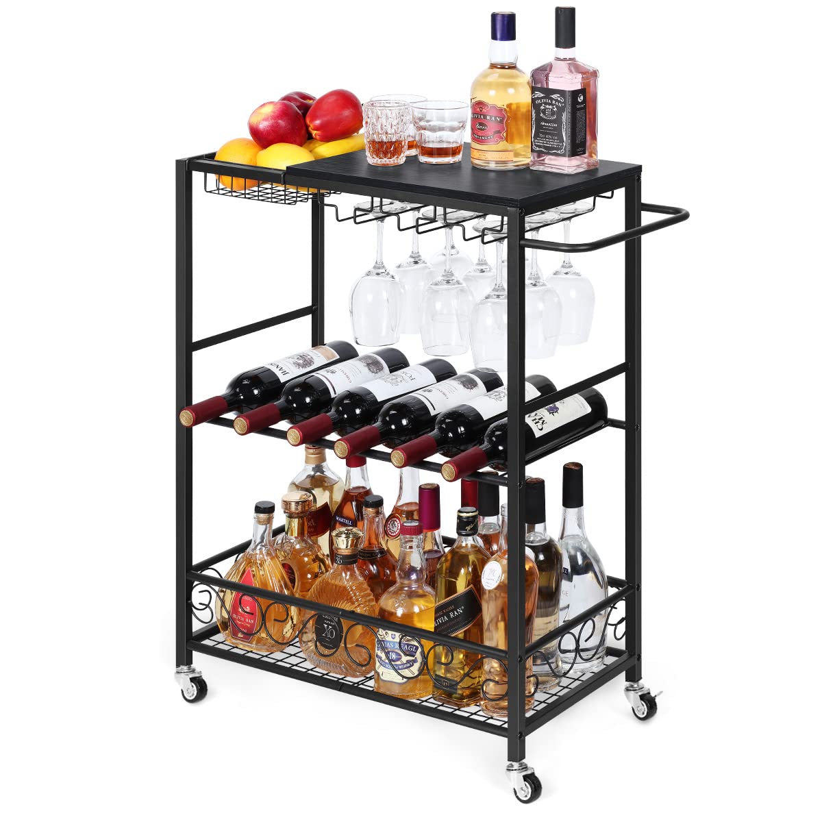 melos Bar Cart, Home Bar Serving Cart, Rolling Wine Cart with 3-Tier Shelf, Beverage Bar Cart with Wine Rack, Bar Cart with Wheels for Kitchen, Black