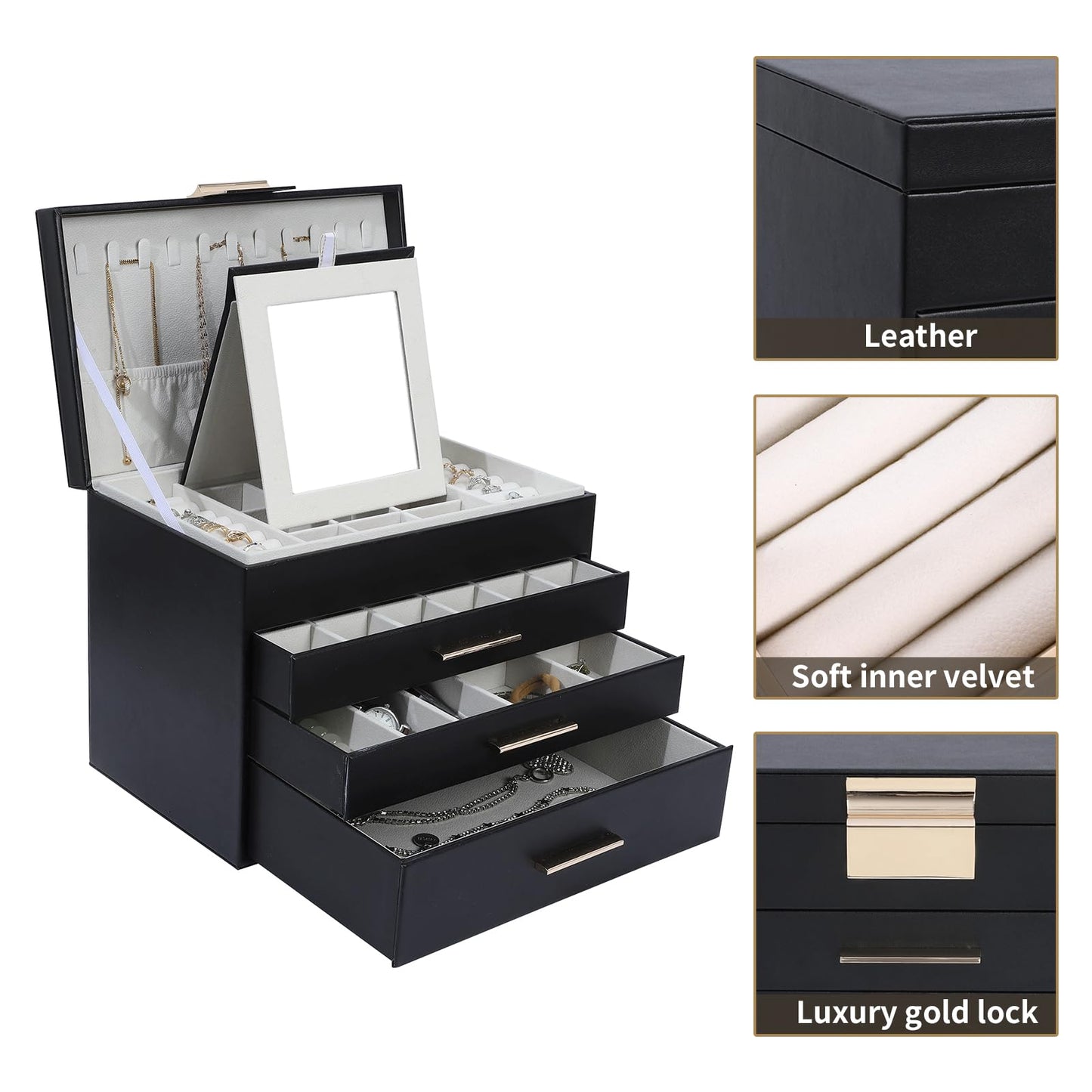 BOOVO 4 Layer Jewelry Box for Women, Jewelry Organizer Box with Necklace Hooks, 3 Drawers White Jewelry Box for Sunglasses, Necklace and Bracelet Storage (Black)