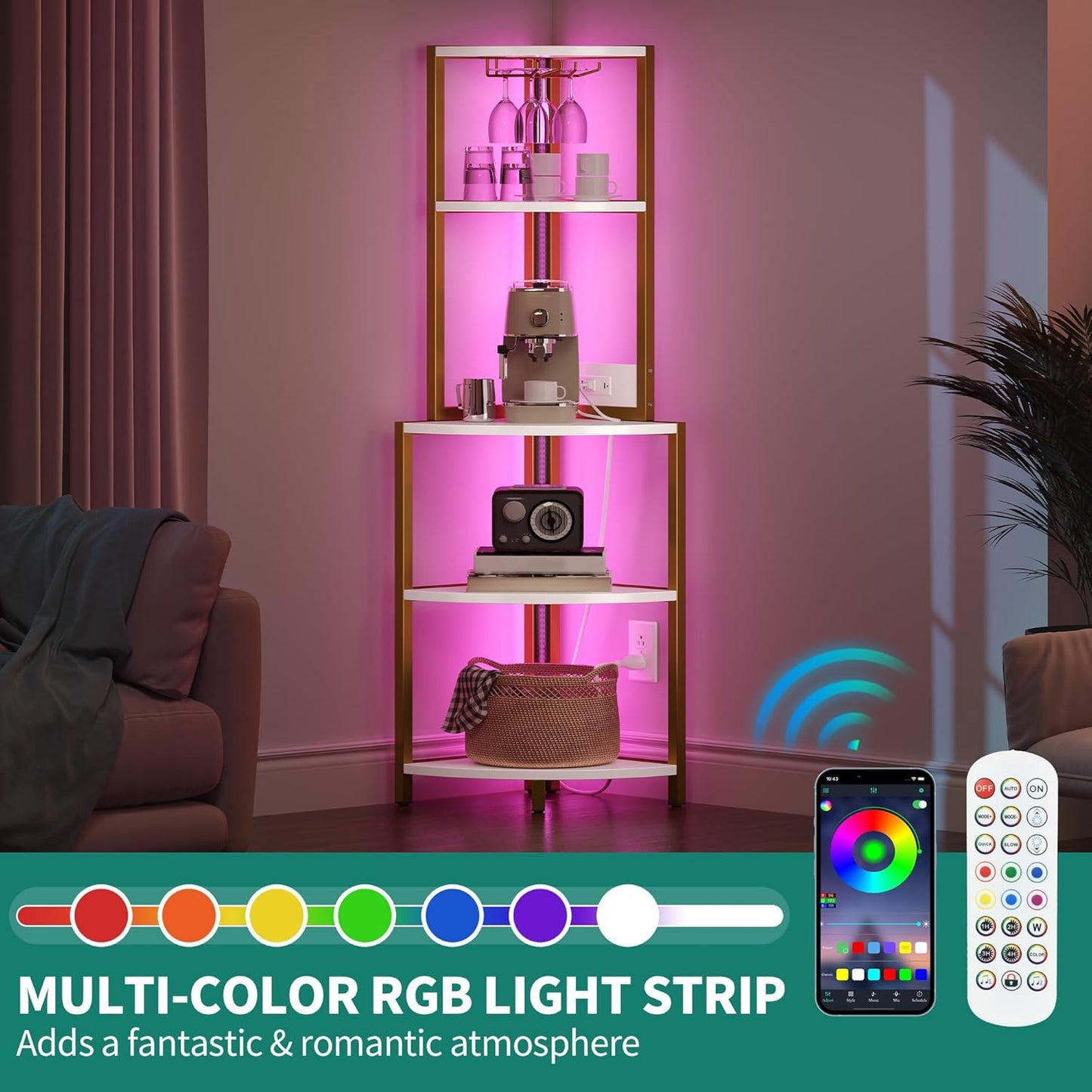 5-Tier Corner Shelf with Power Outlets & LED Lights