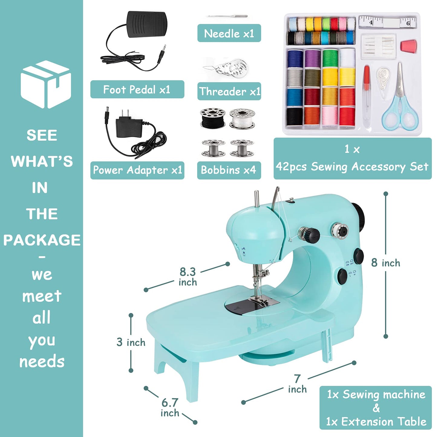 DenniesCare Mini Sewing Machine Handheld Sewing Machine for Beginners Sowing Machine with Extension Table Light Sewing Kit Sewing Products Cyan Sky