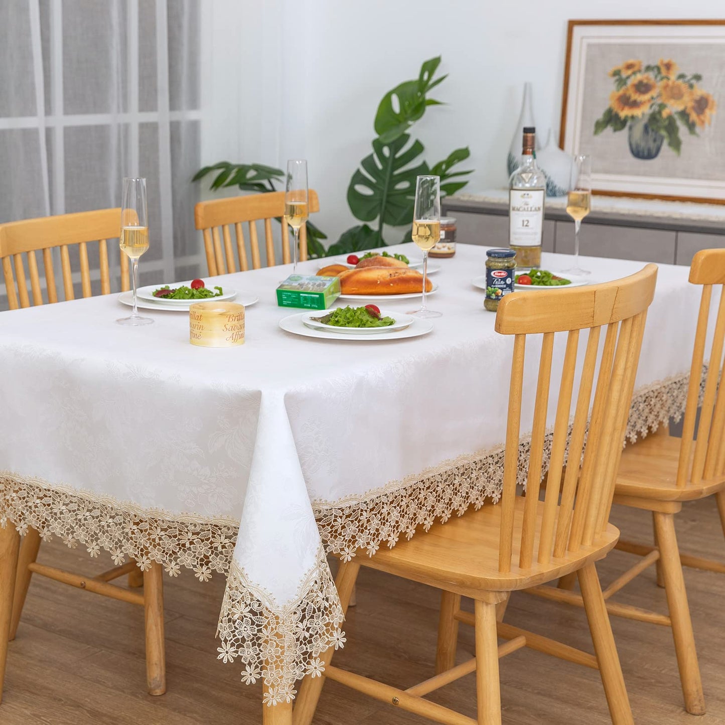 Beige Lace Waterproof Rectangle Tablecloth for Events