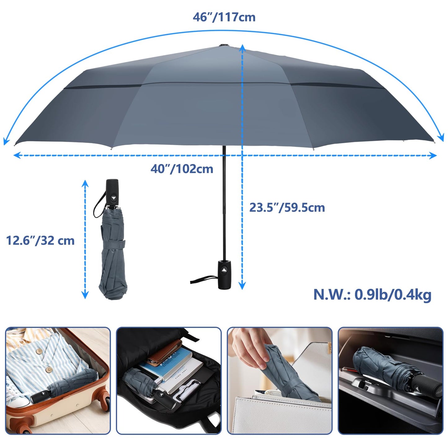 VELLUXE Portable Large Umbrella for Rain, Vented Windproof Double Umbrella, Foldable Golf Umbrella, Compact Travel Umbrella, Automatic Umbrella for adults, Grey Umbrella