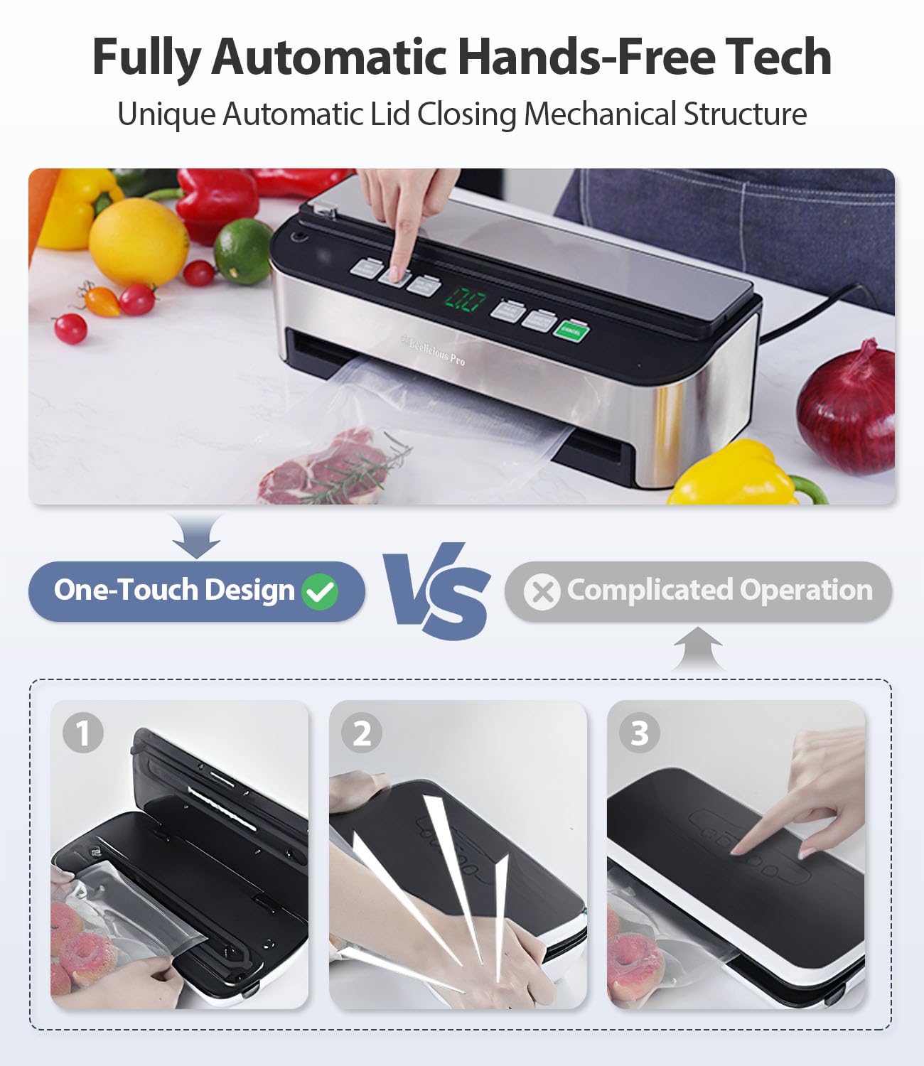 Vacuum Sealer Machine, Beeliciousยฎ 85KPA Fully Automatic 8-IN-1 Food Sealer with Bags Storage, Build-in Cutter, Moist Mode and Air Suction Hose | Digital Countdown | Sous Vide