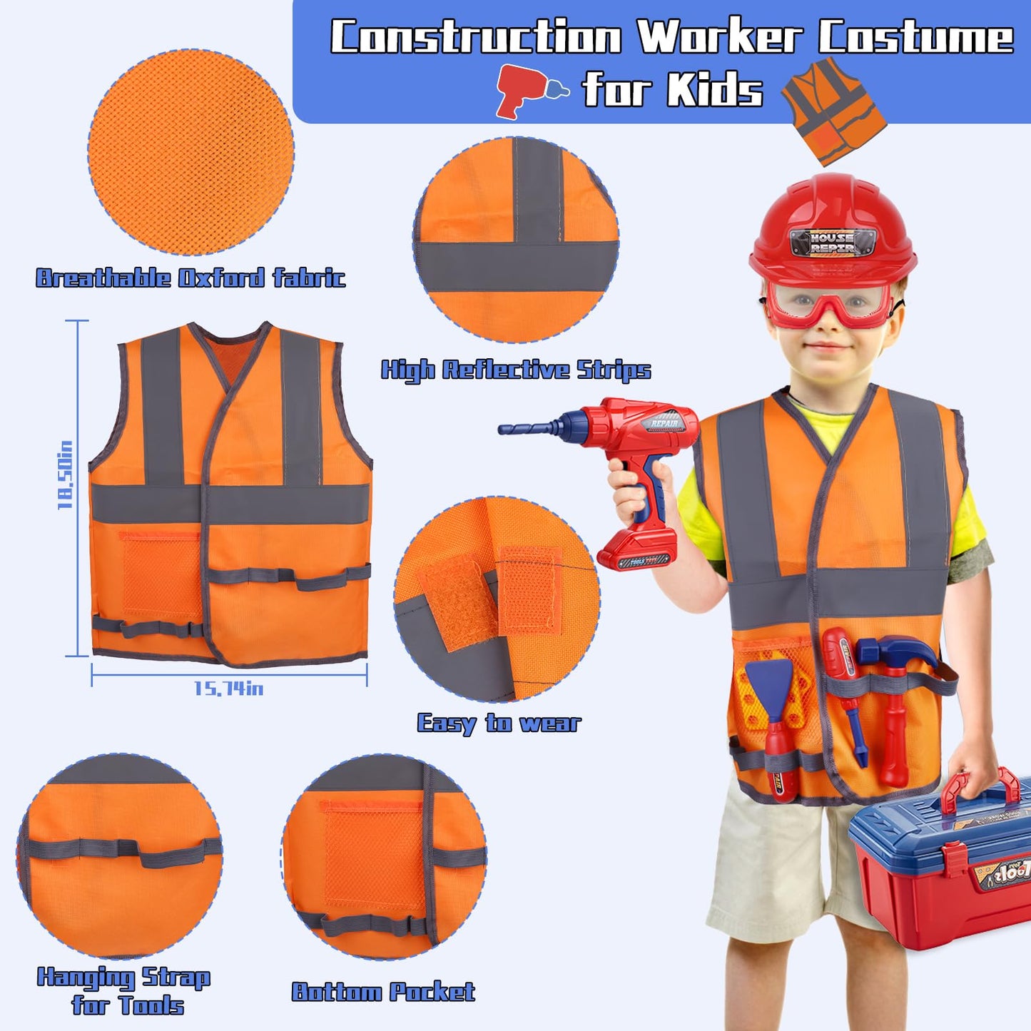 Magic4U Kids Tool Set, 49PCS Toddler Tool Set with Electronic Toy Drill,Tape Measure 12 Tool Equipements,Pretend Play Construction Coustume with Safety Vest Hat,Toy Tool Box for Kids Boy Girl Age 3-8