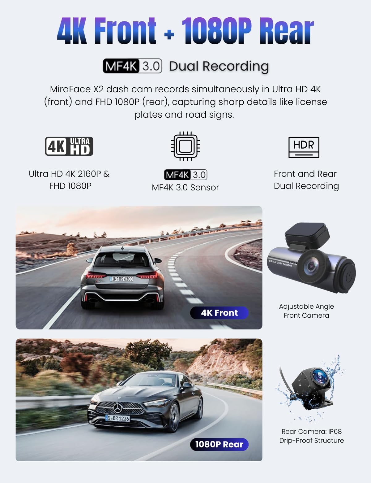 MiraFace 4K Dash Cam Front Rear Wi-Fi 32GB